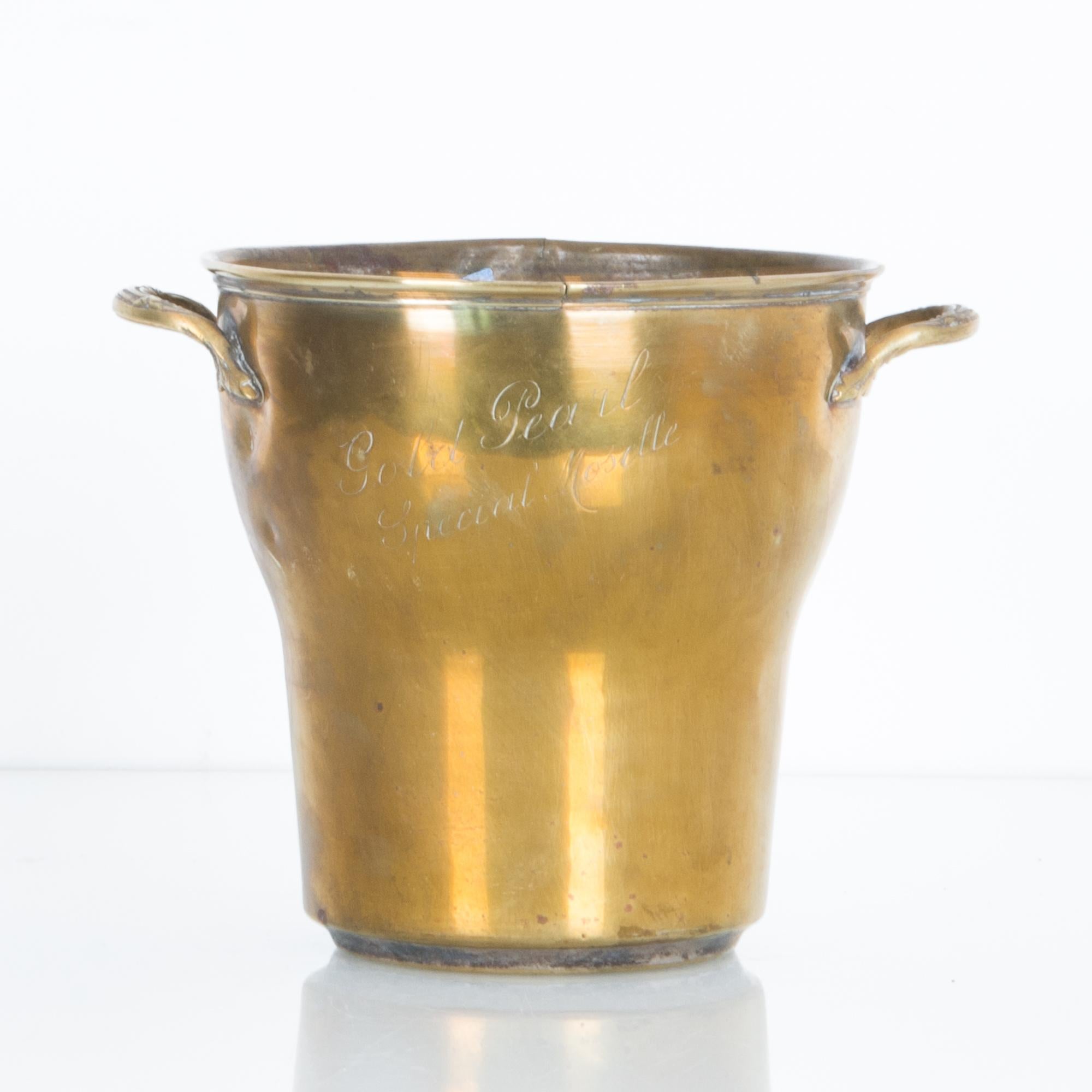 From before the era of refrigeration, this was an essential appliance for every party or quite evening of enjoyment. A simple design in this brass, embossed with the name “Gold Pearl” to commemorate a memorable vintage, a special wine from the