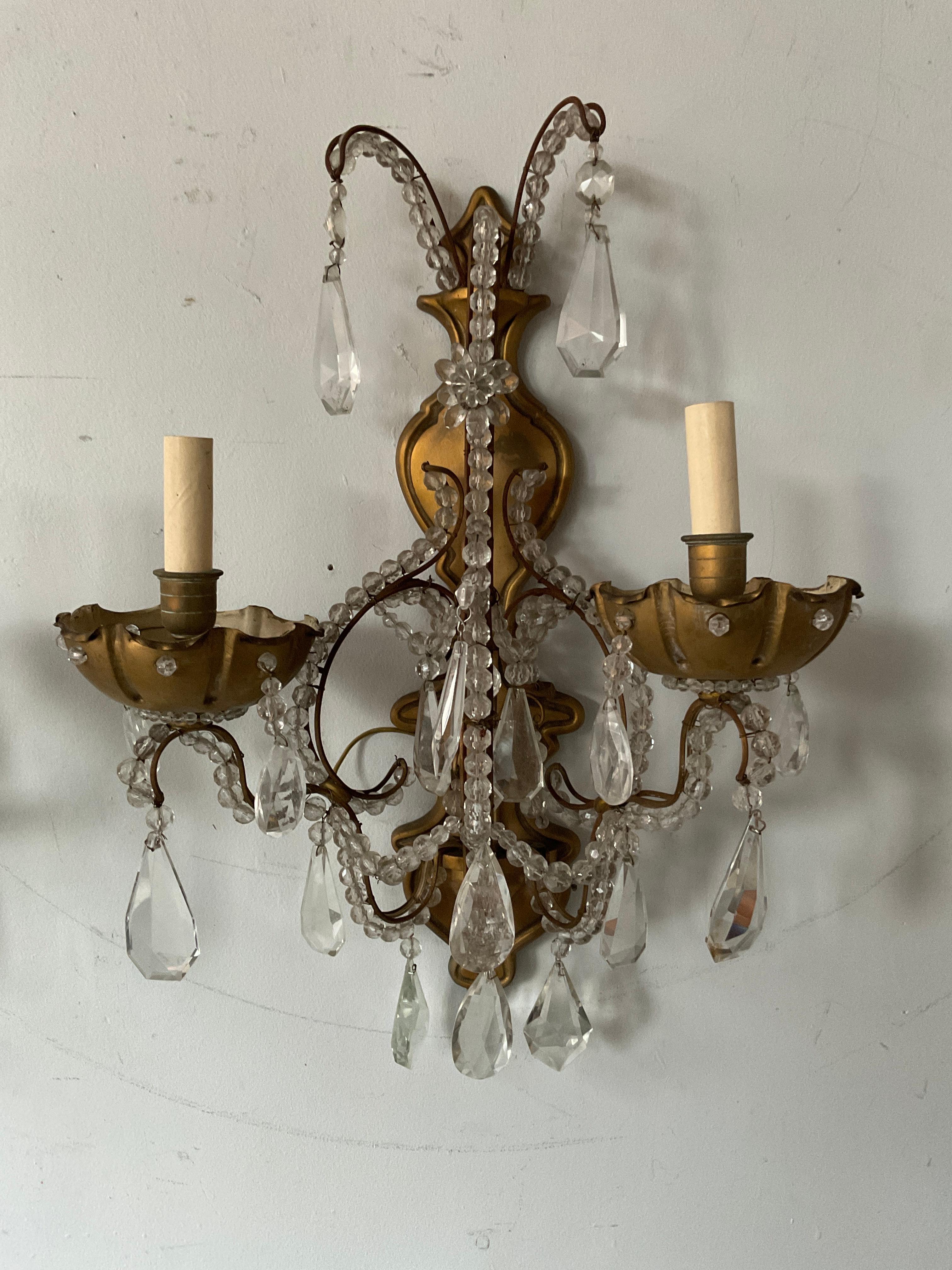 1950s French Bronze and Crystal Sconces In Good Condition For Sale In Tarrytown, NY