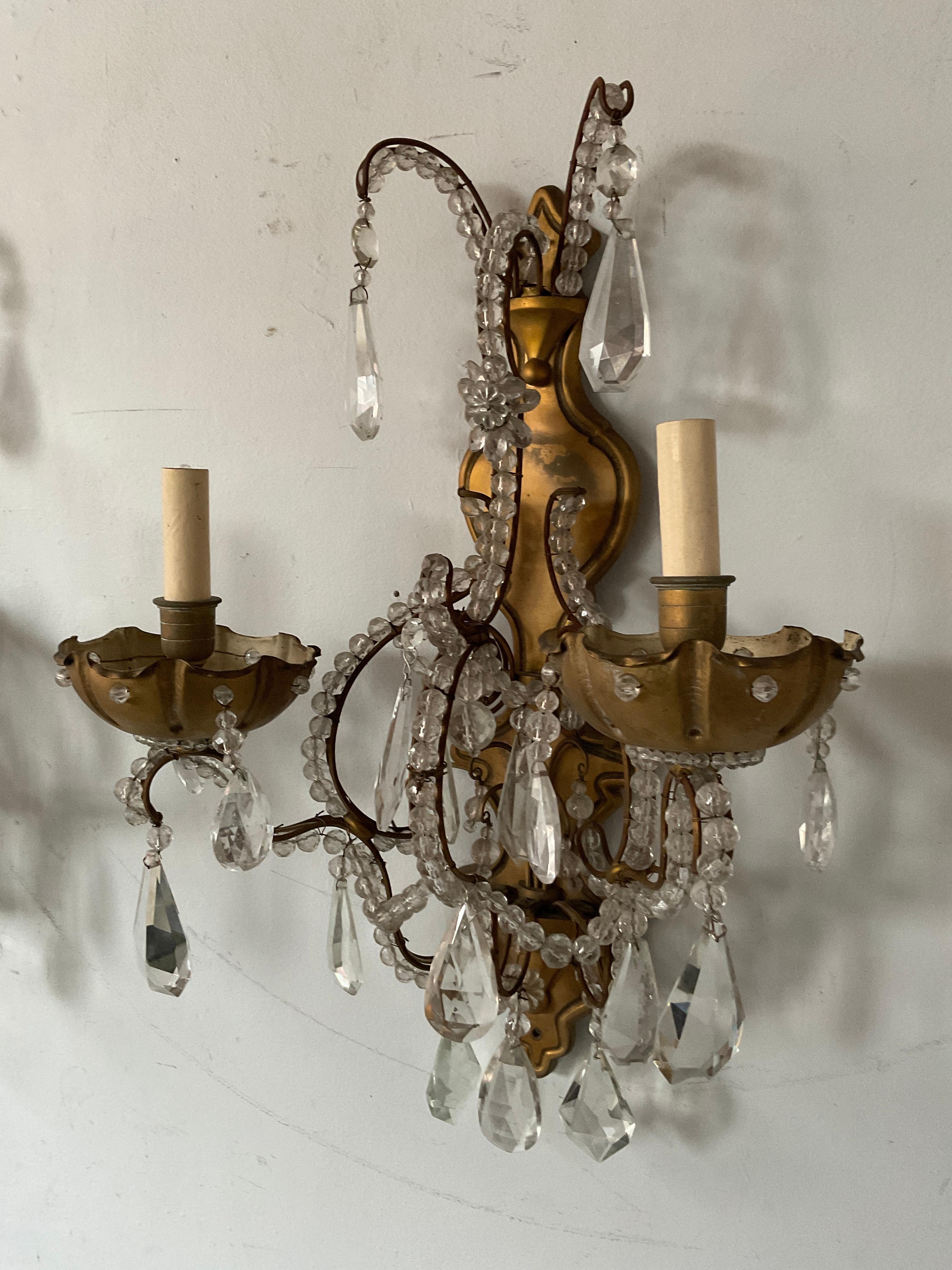 Mid-20th Century 1950s French Bronze and Crystal Sconces For Sale