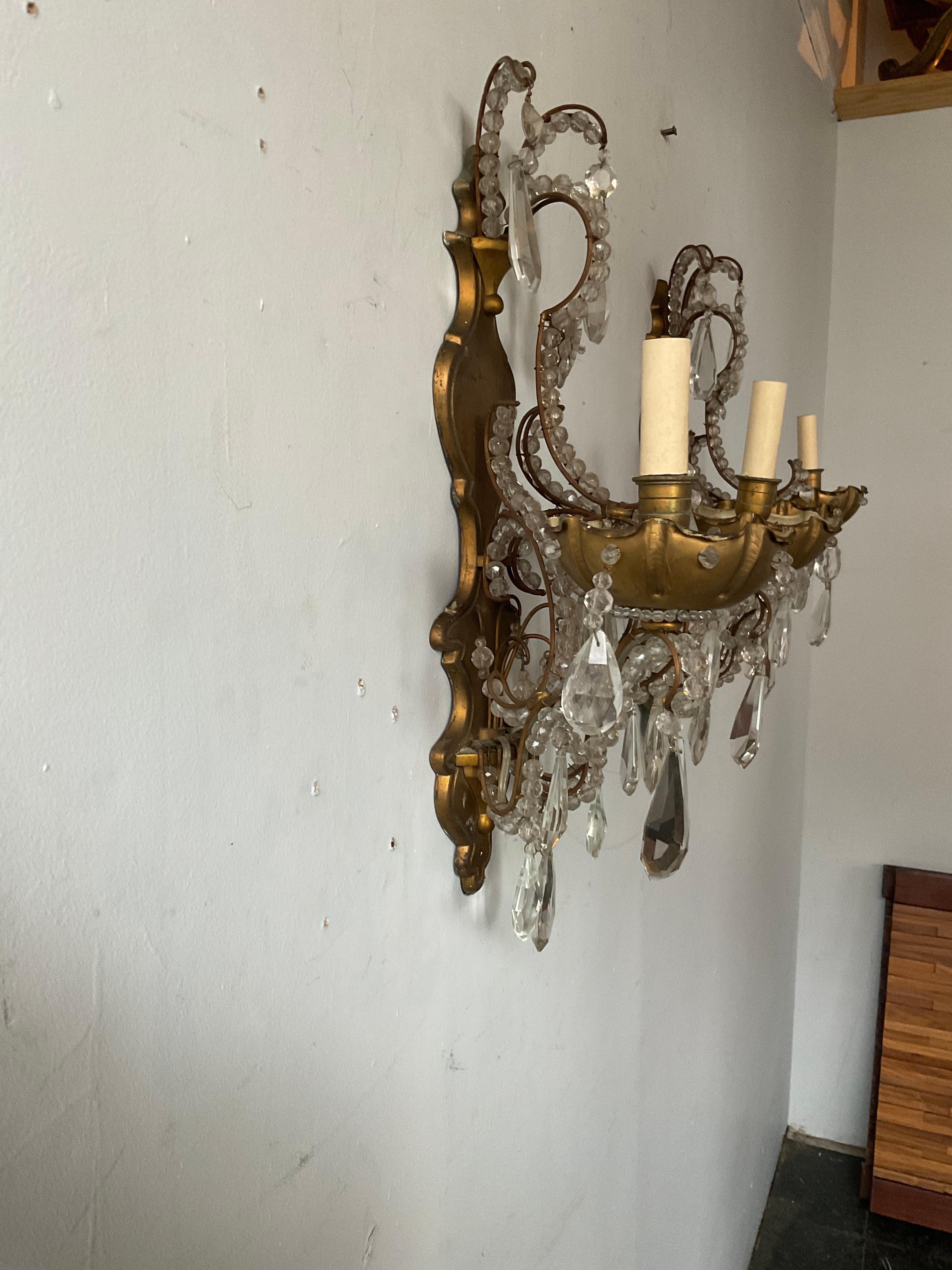 1950s French Bronze and Crystal Sconces For Sale 1