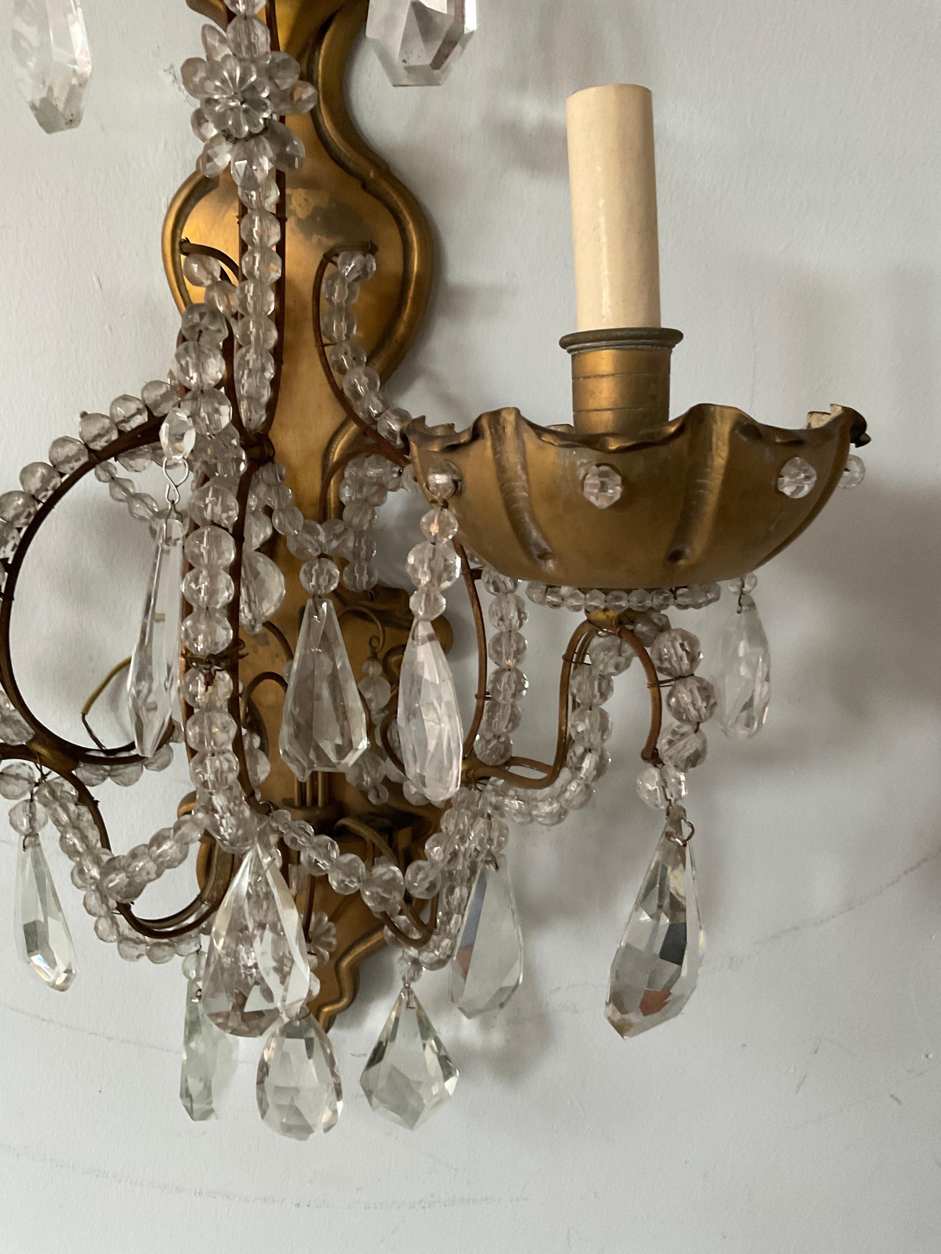 1950s French Bronze and Crystal Sconces For Sale 3