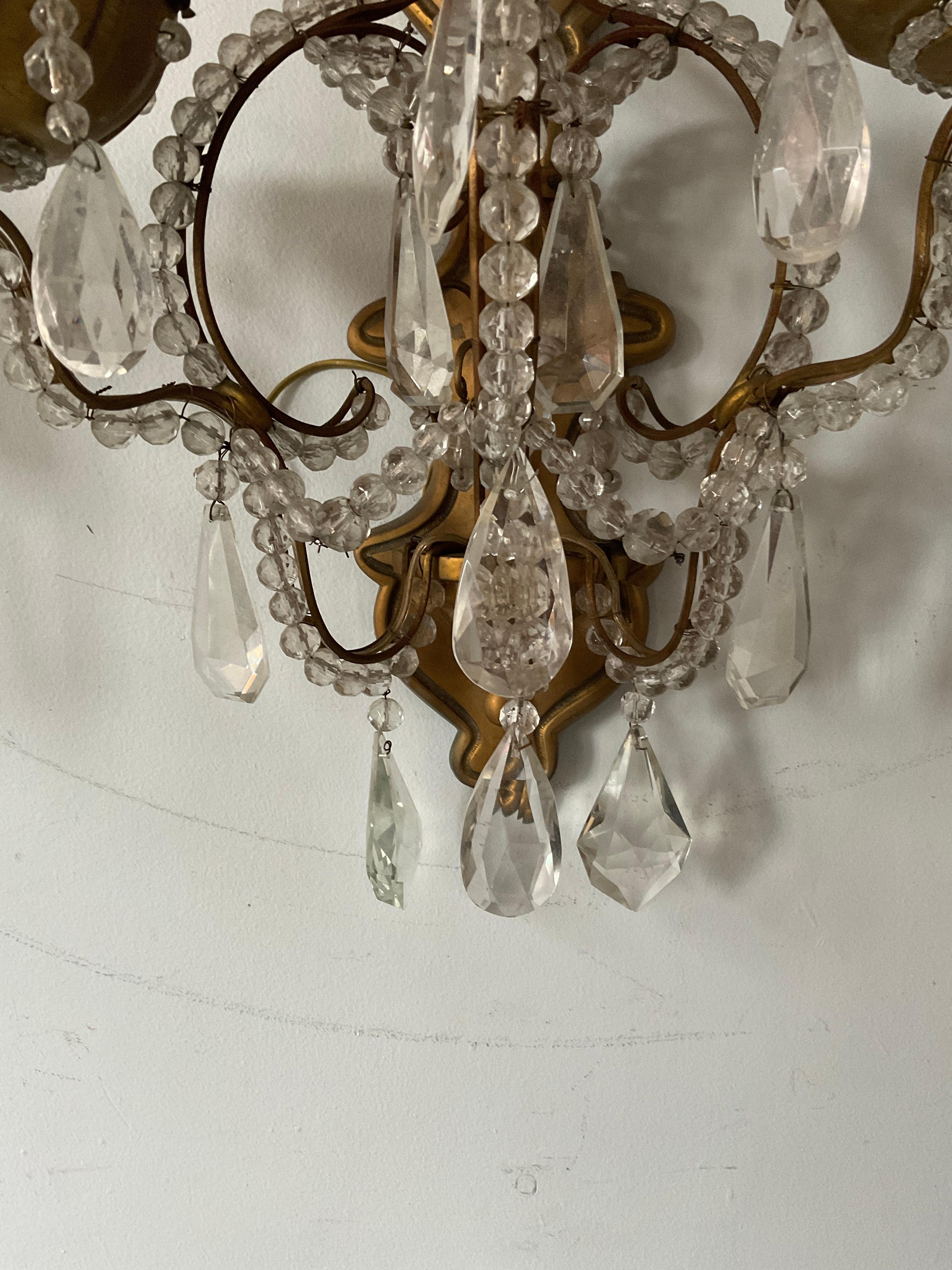 1950s French Bronze and Crystal Sconces For Sale 4