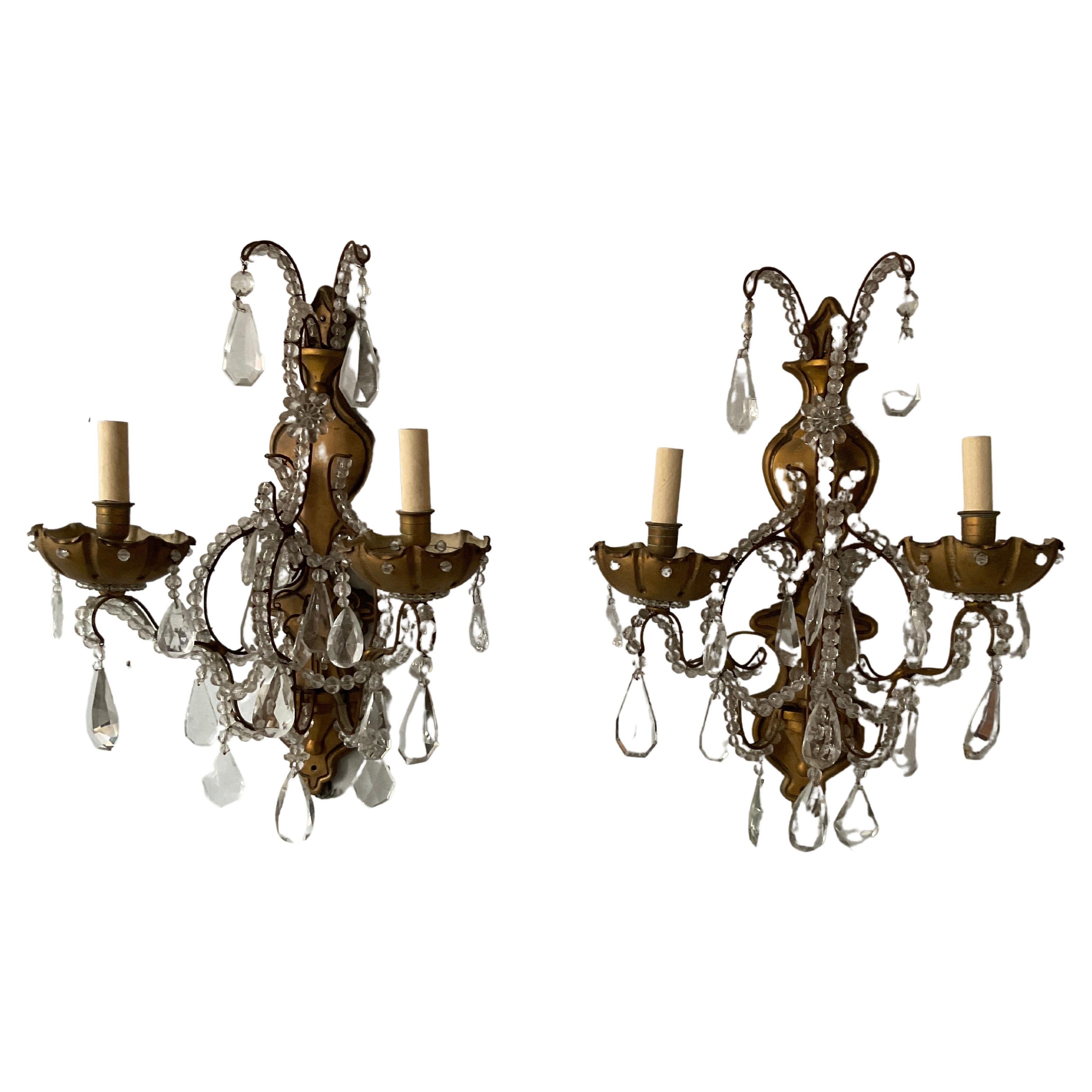 1950s French Bronze and Crystal Sconces For Sale