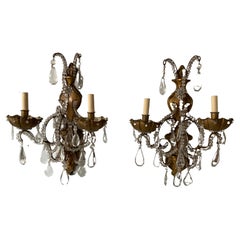 1950s French Bronze and Crystal Sconces