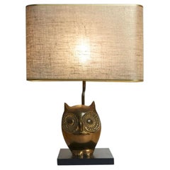1950s French Bronze Owl Table Lamp with Ivory Lampshade