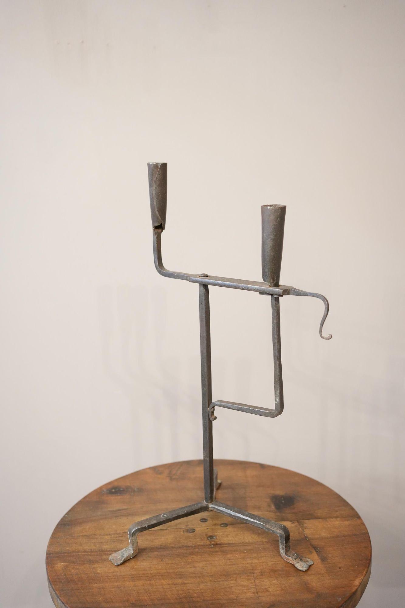 Iron 1950's French brutalist iron candlestick For Sale