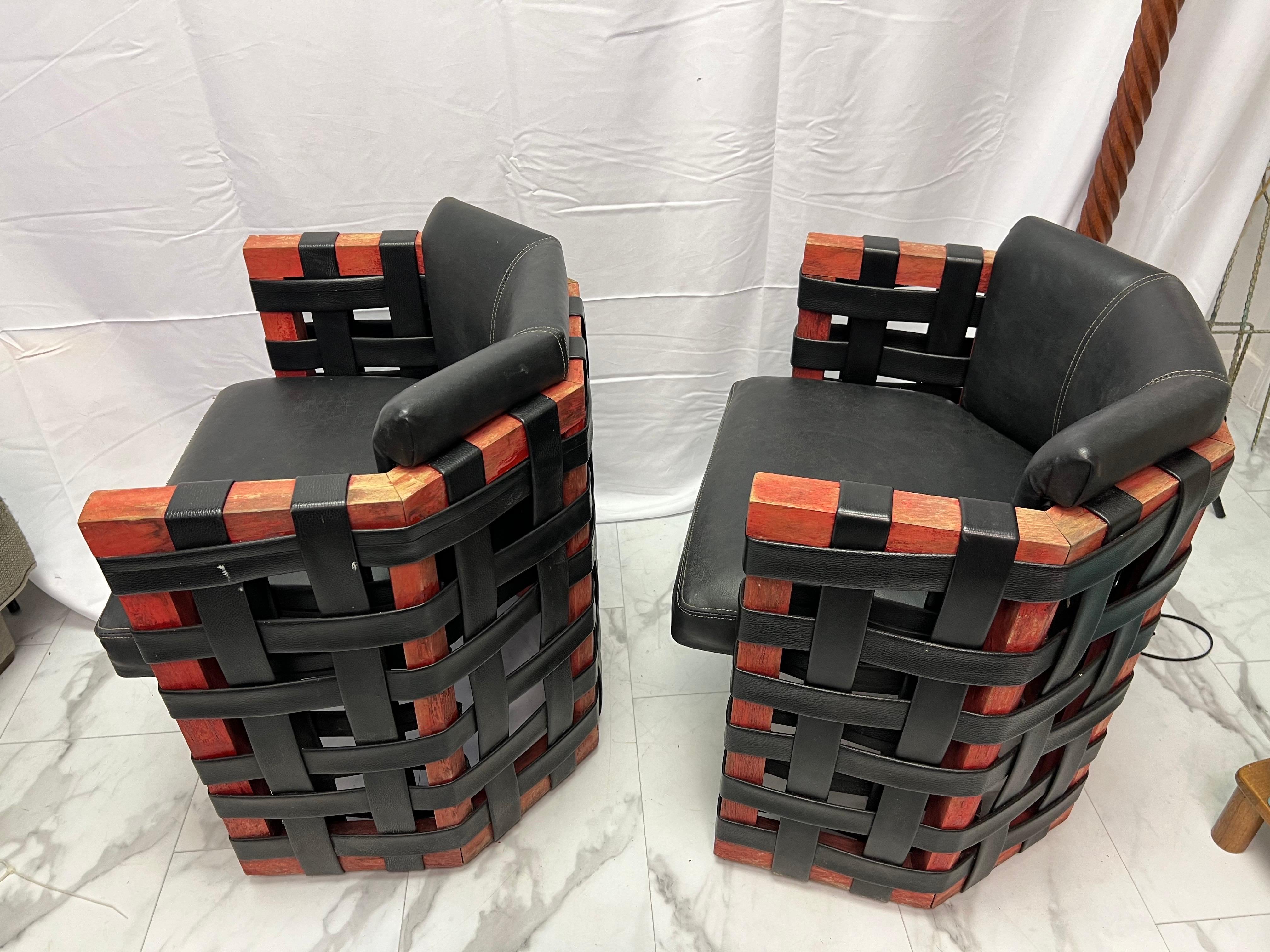1950’s French Brutalist Leather Strapping Barrel Chairs - a Pair For Sale 6