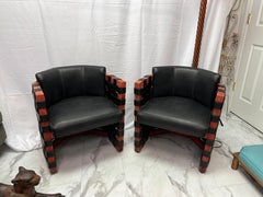 1950’s French Brutalist Leather Strapping Barrel Chairs - a Pair