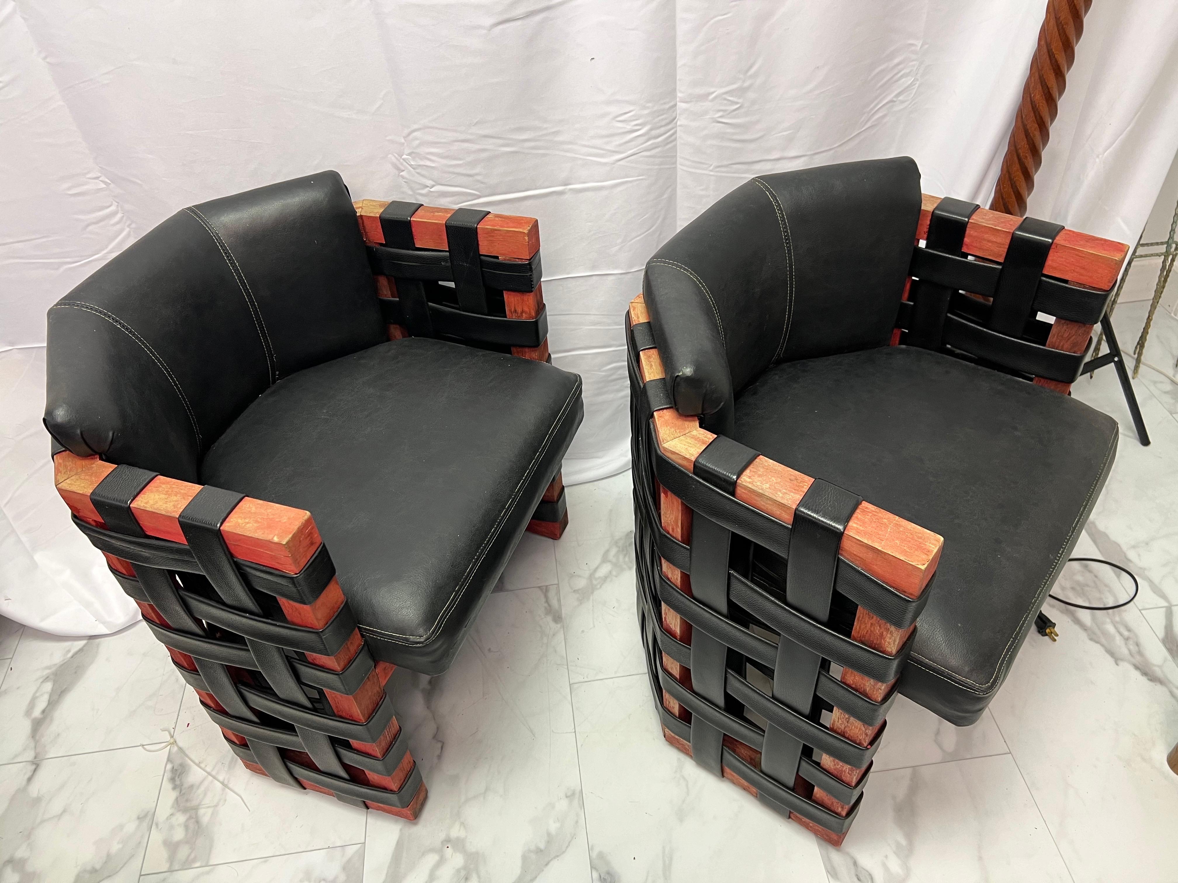 1950’s French Brutalist Leather Strapping Barrel Chairs - a Pair For Sale 1