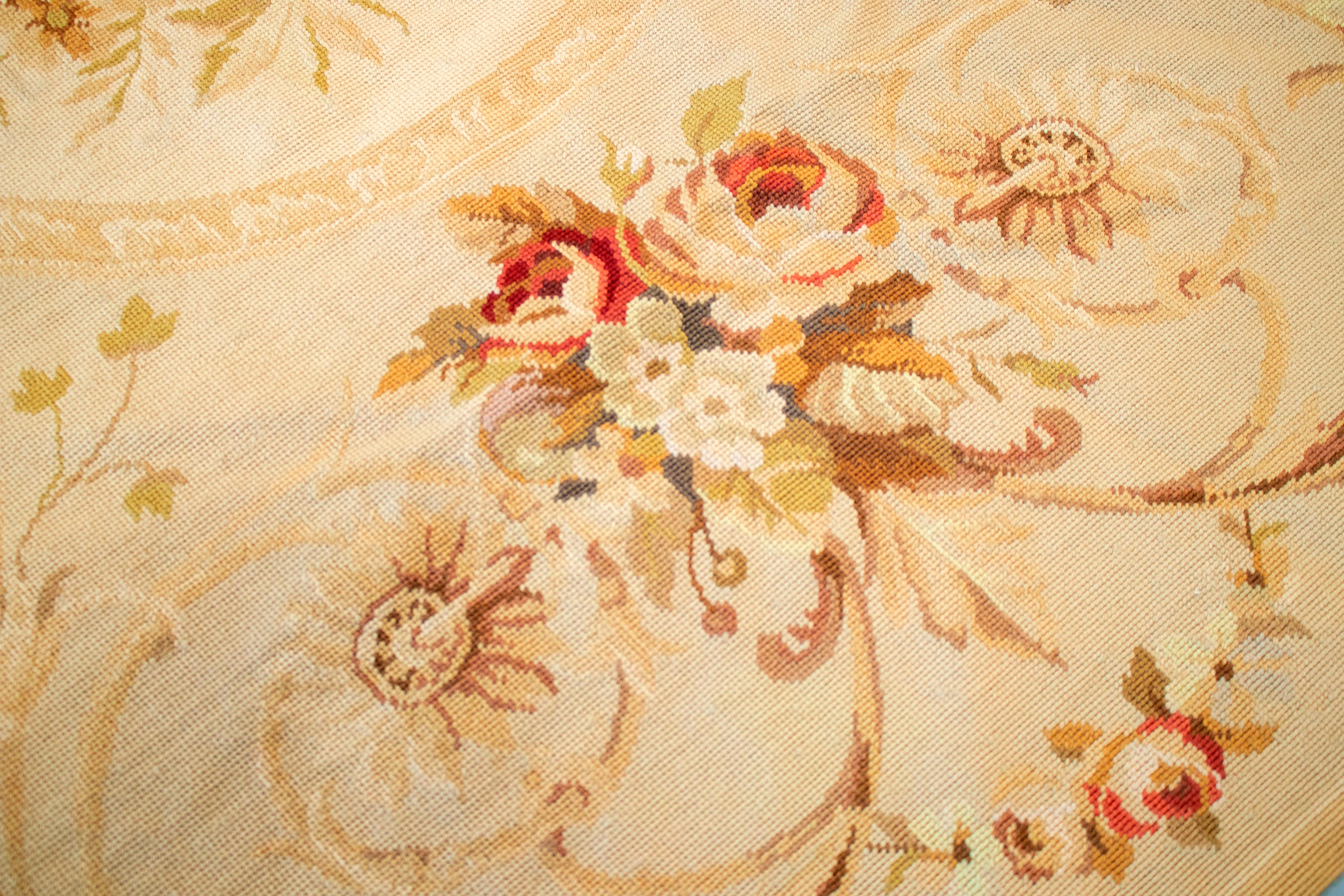 Fabric 1950s French Carpet with Ochre Tones and Flower Decorations For Sale