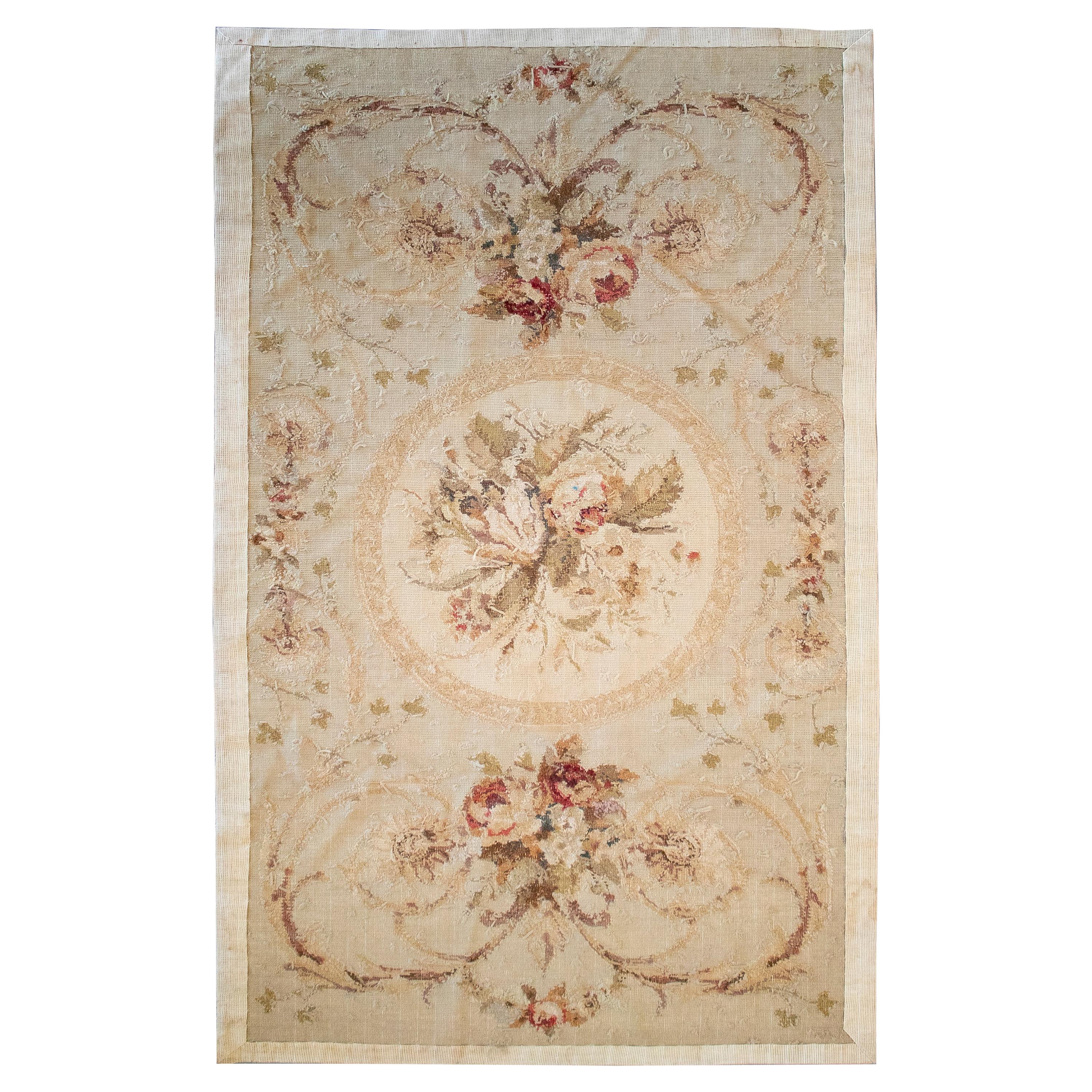 1950s French Carpet with Ochre Tones and Flower Decorations