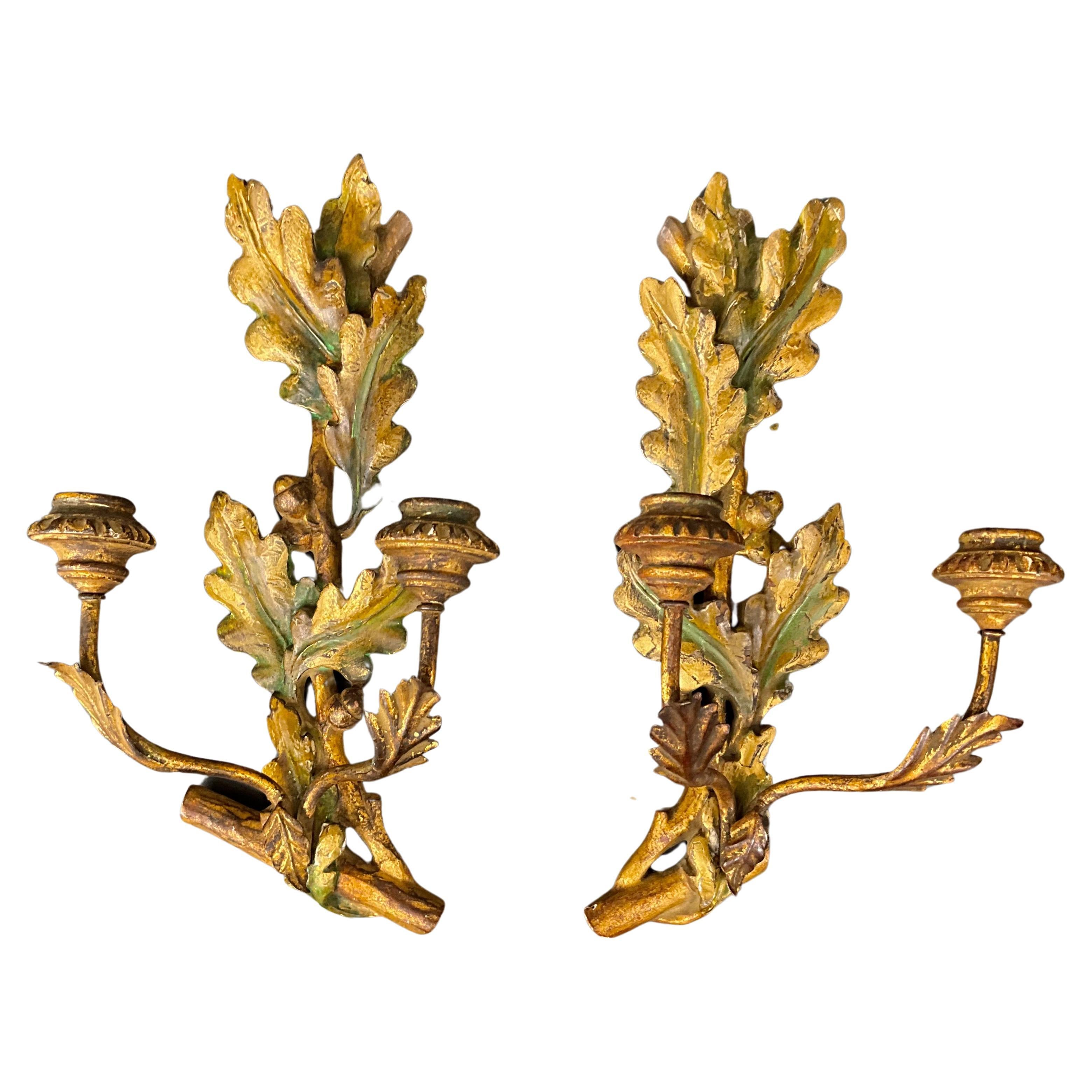 1950s French Carved Giltwood And Painted Acorn And Leaf Sconces - Pair For Sale