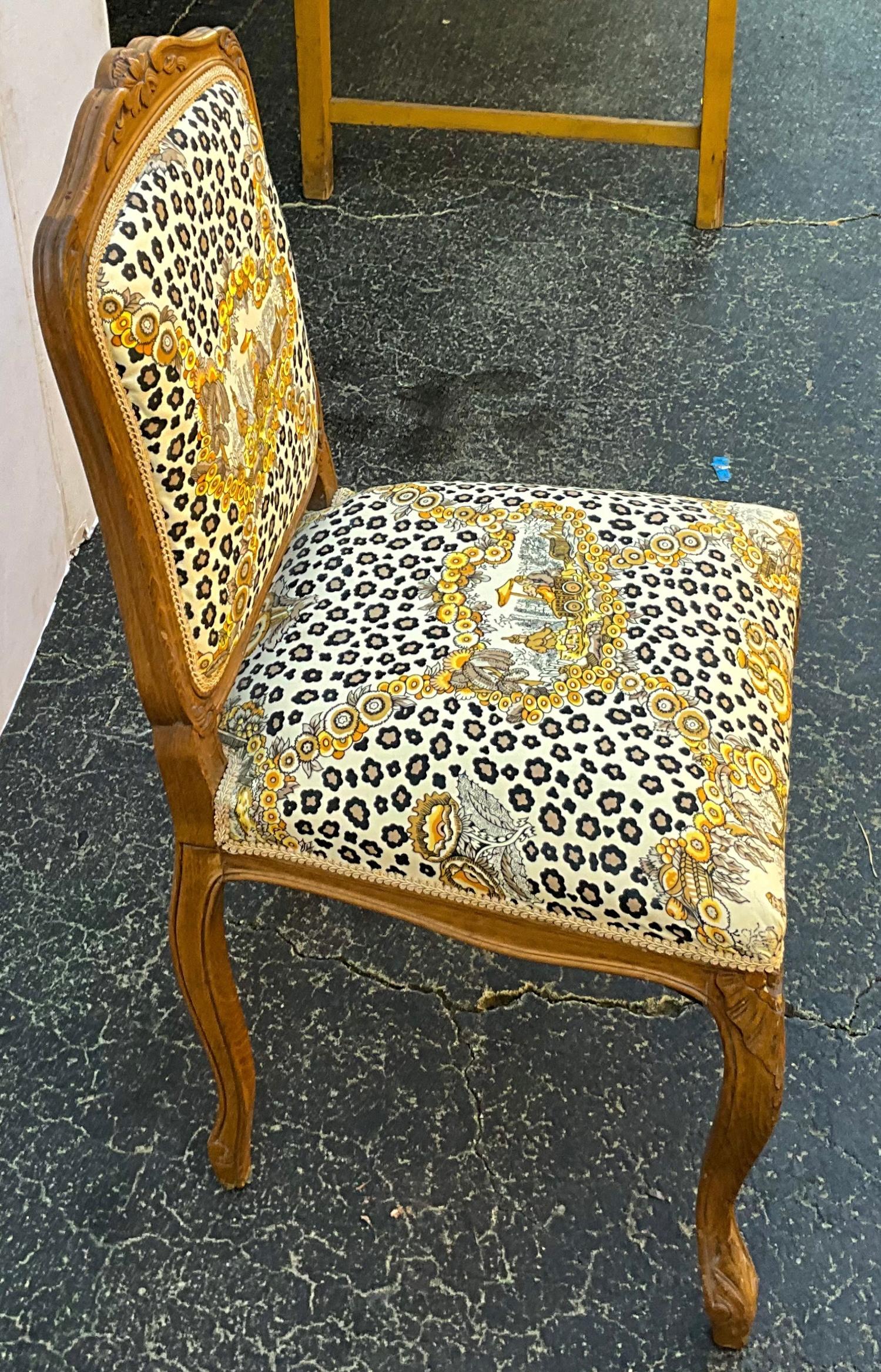 Louis XIV 1950s French Carved Oak Chair in Brunschwig & Fils Chinoiserie Leopard Fabric For Sale