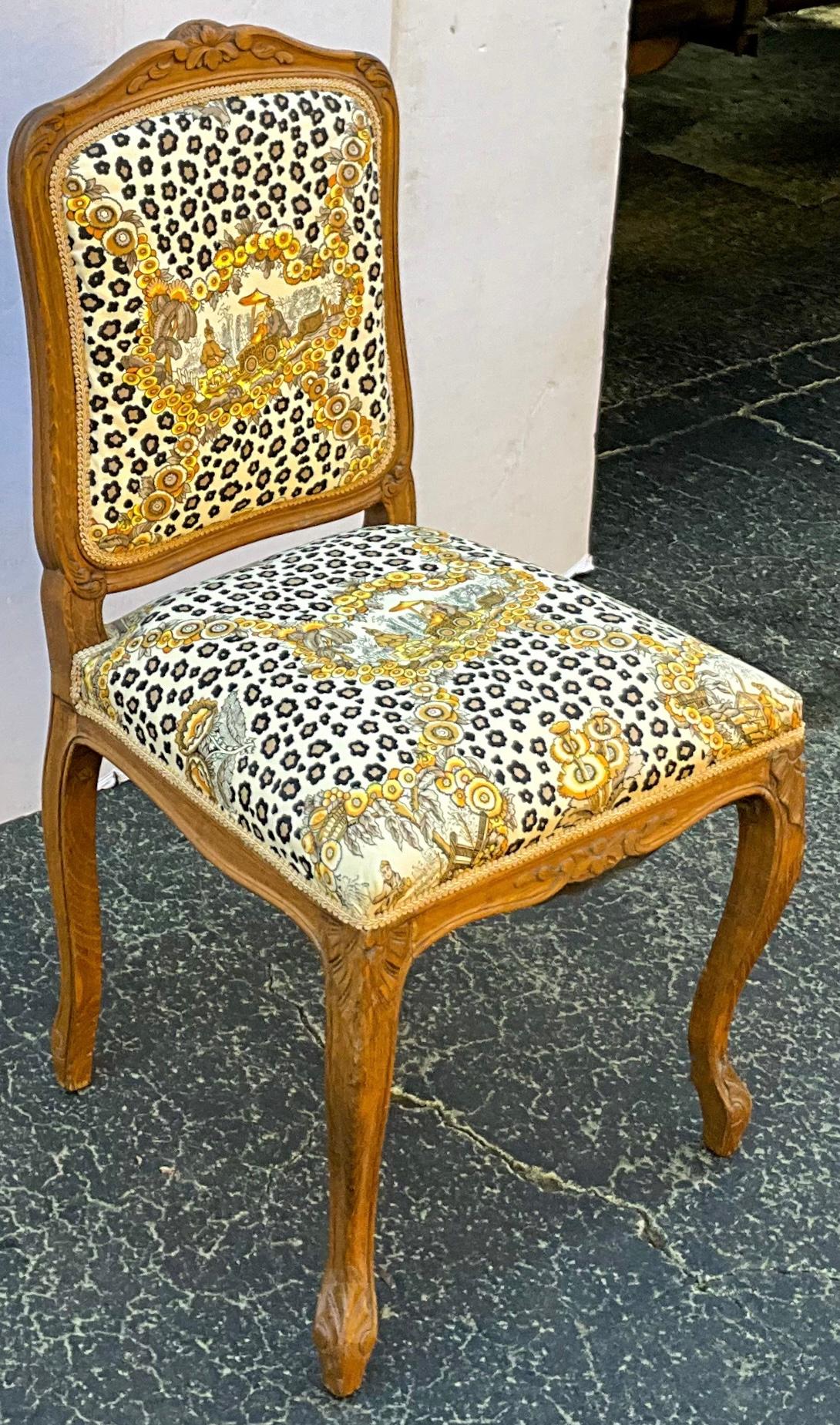1950s French Carved Oak Chair in Brunschwig & Fils Chinoiserie Leopard Fabric In Good Condition For Sale In Kennesaw, GA