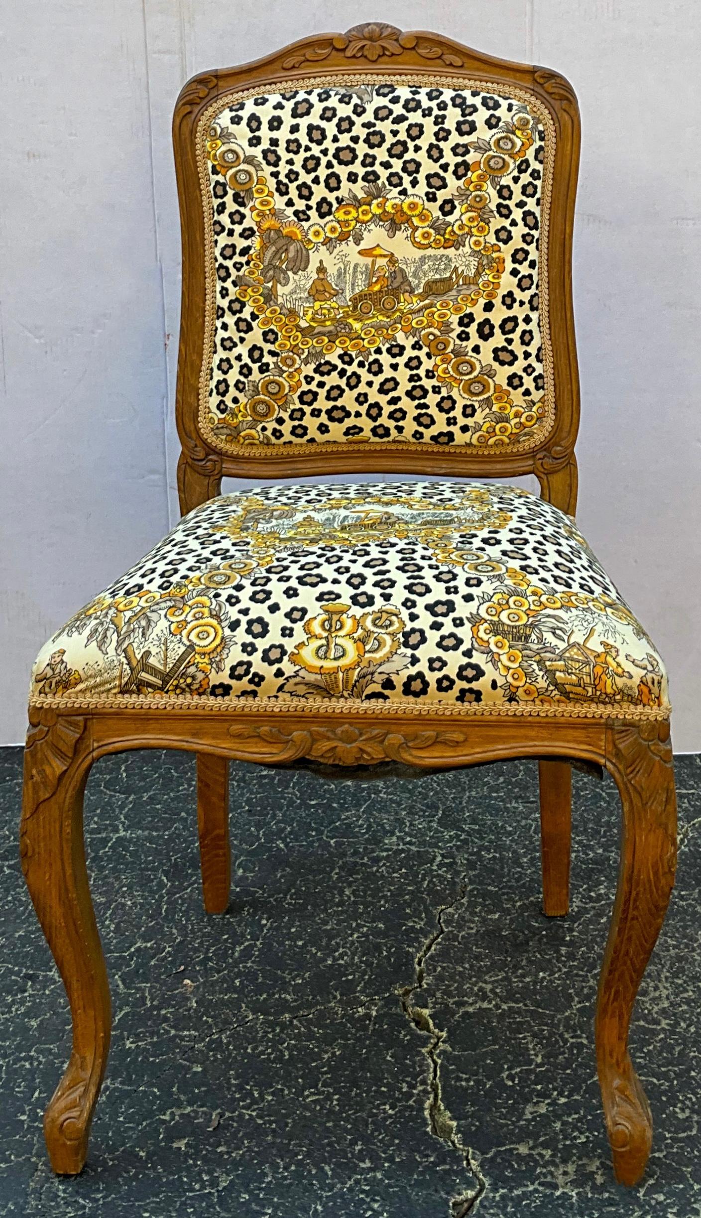 20th Century 1950s French Carved Oak Chair in Brunschwig & Fils Chinoiserie Leopard Fabric For Sale