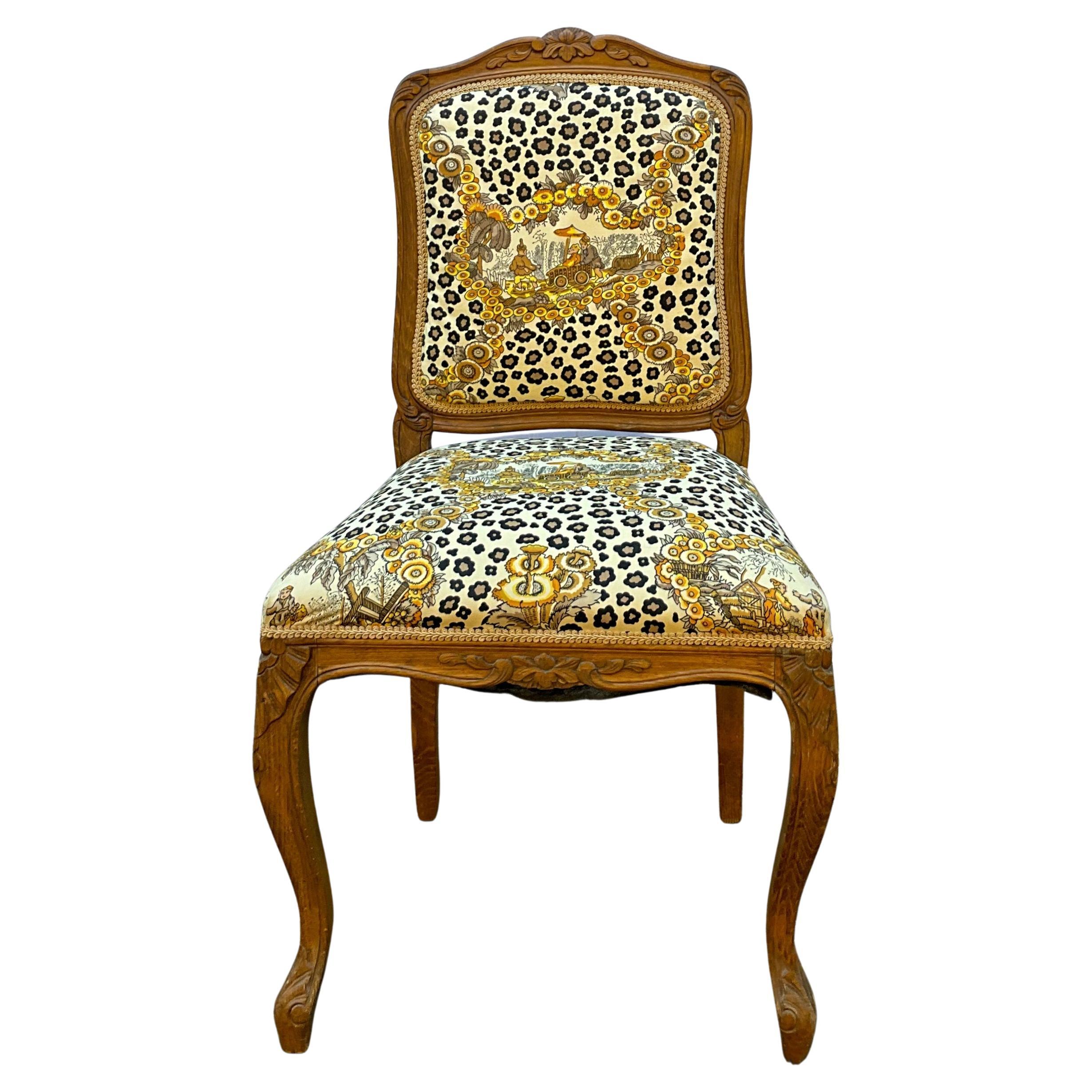 1950s French Carved Oak Chair in Brunschwig & Fils Chinoiserie Leopard Fabric For Sale