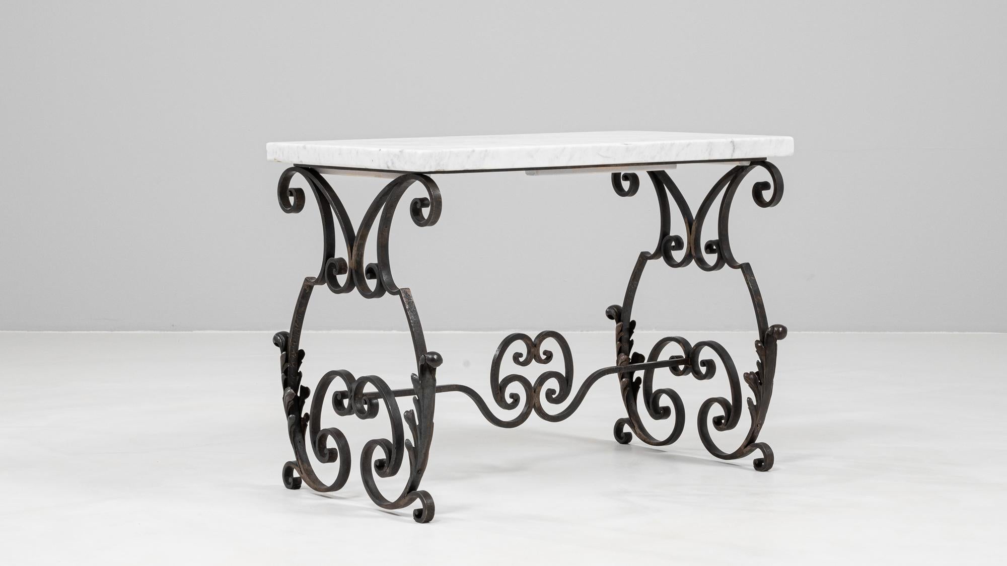 1950s French Cast Iron Side Table With Marble Top For Sale 3