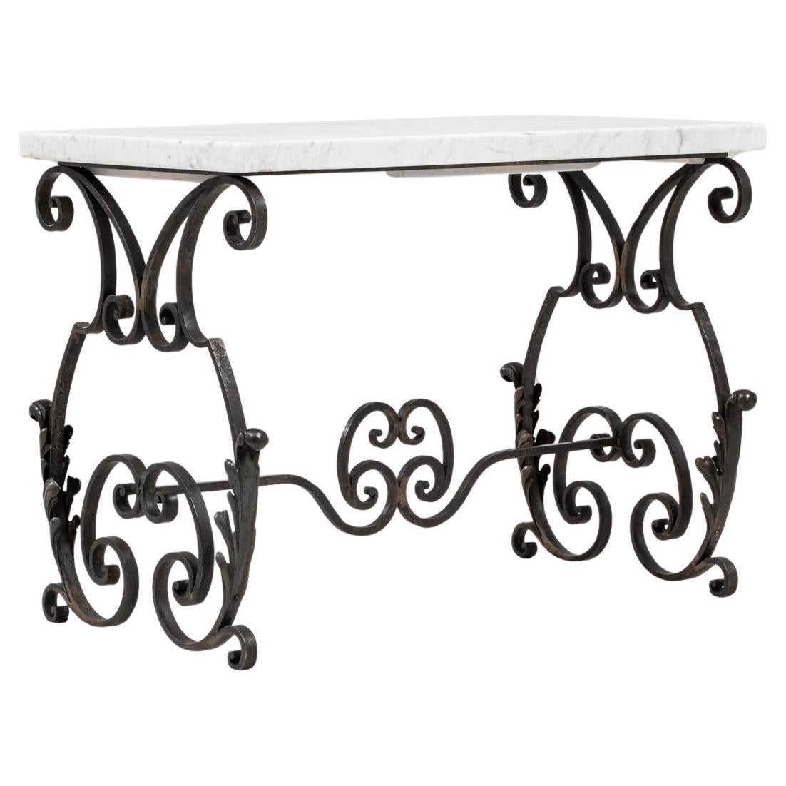 1950s French Cast Iron Side Table With Marble Top For Sale