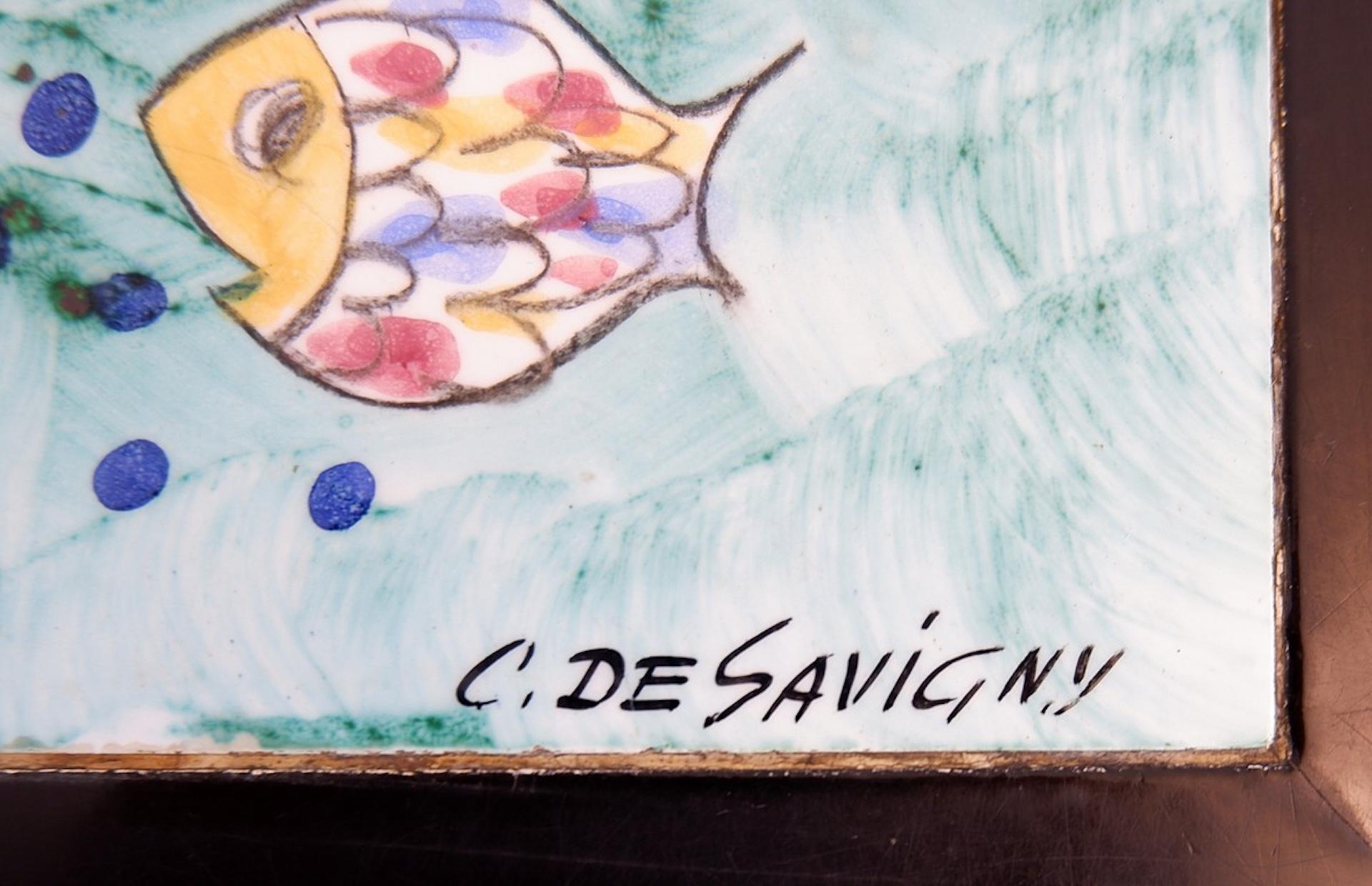 Français Table basse en céramique française des années 1950 signée C. de Savigny en vente