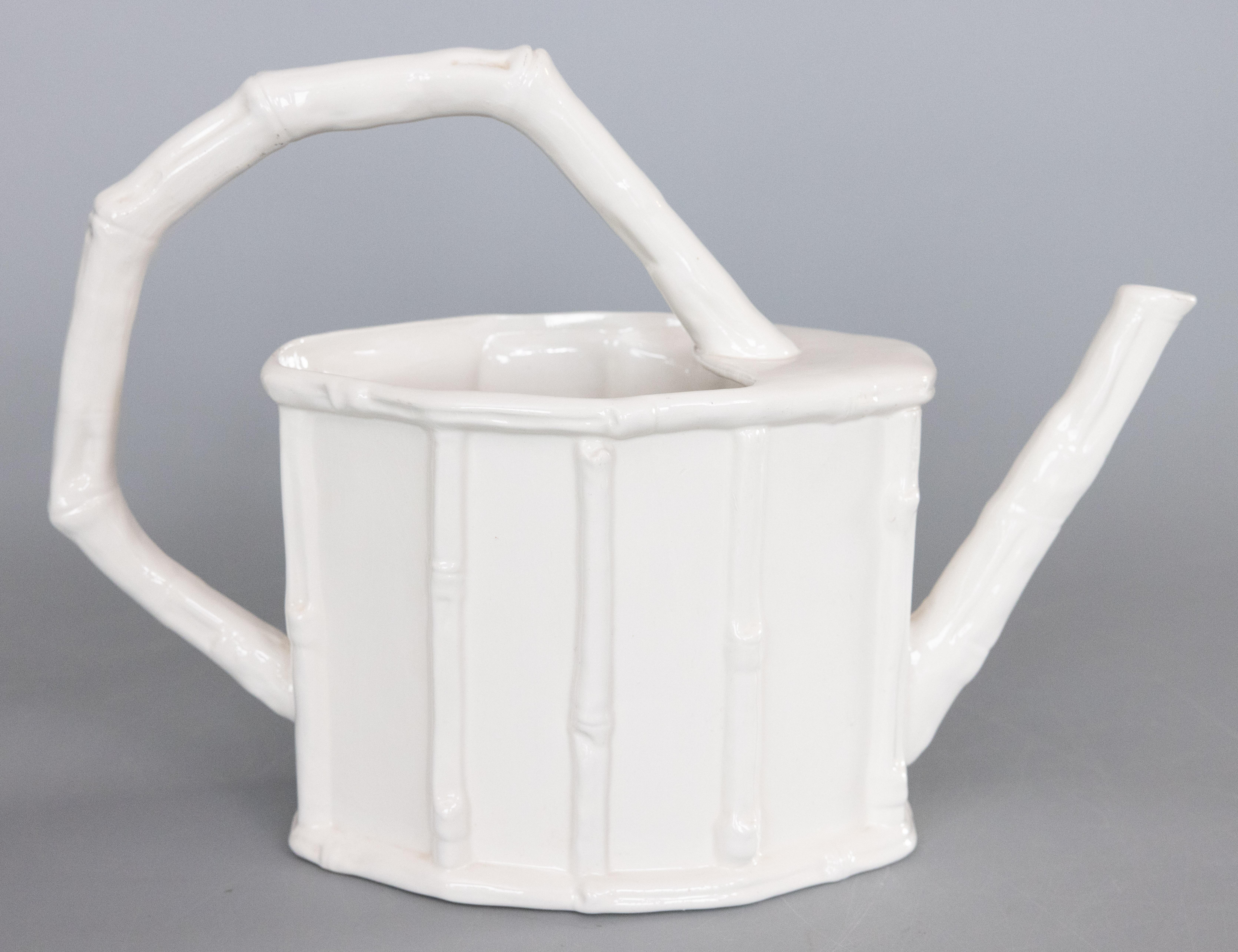 1950s French Chinoiserie White Ironstone Faux Bamboo Watering Can Pitcher In Good Condition For Sale In Pearland, TX