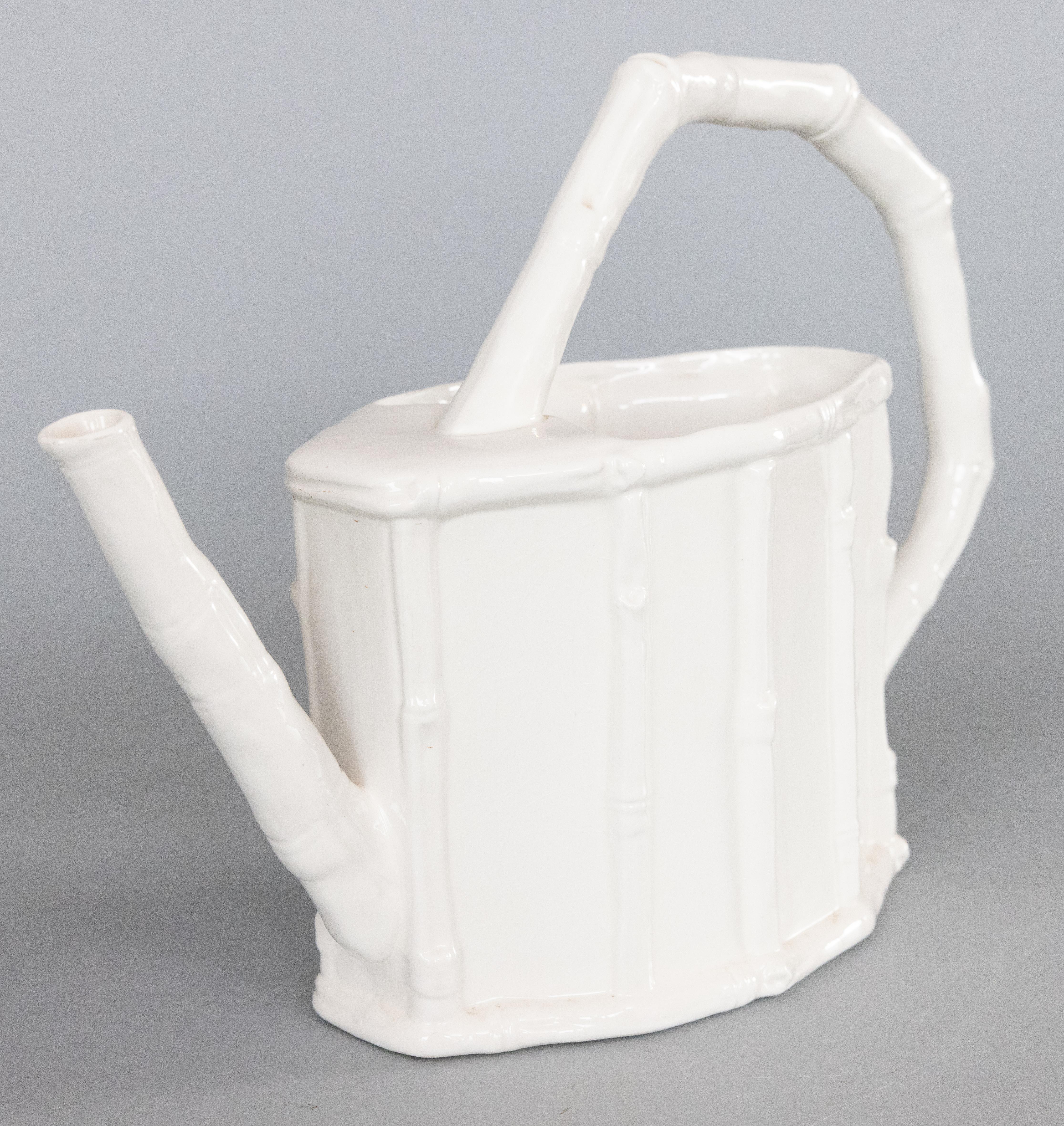 1950s French Chinoiserie White Ironstone Faux Bamboo Watering Can Pitcher For Sale 1
