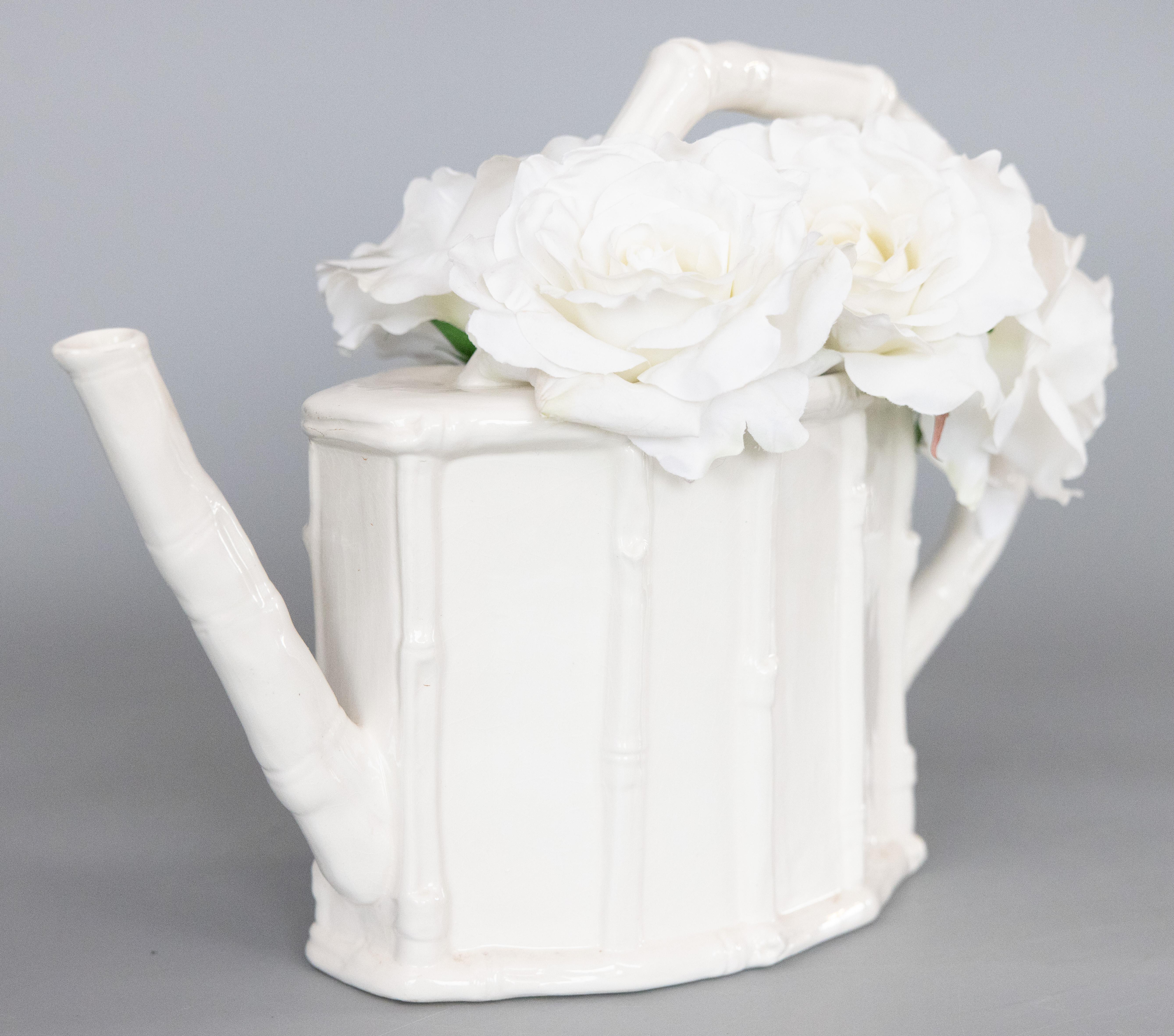 1950s French Chinoiserie White Ironstone Faux Bamboo Watering Can Pitcher For Sale 4