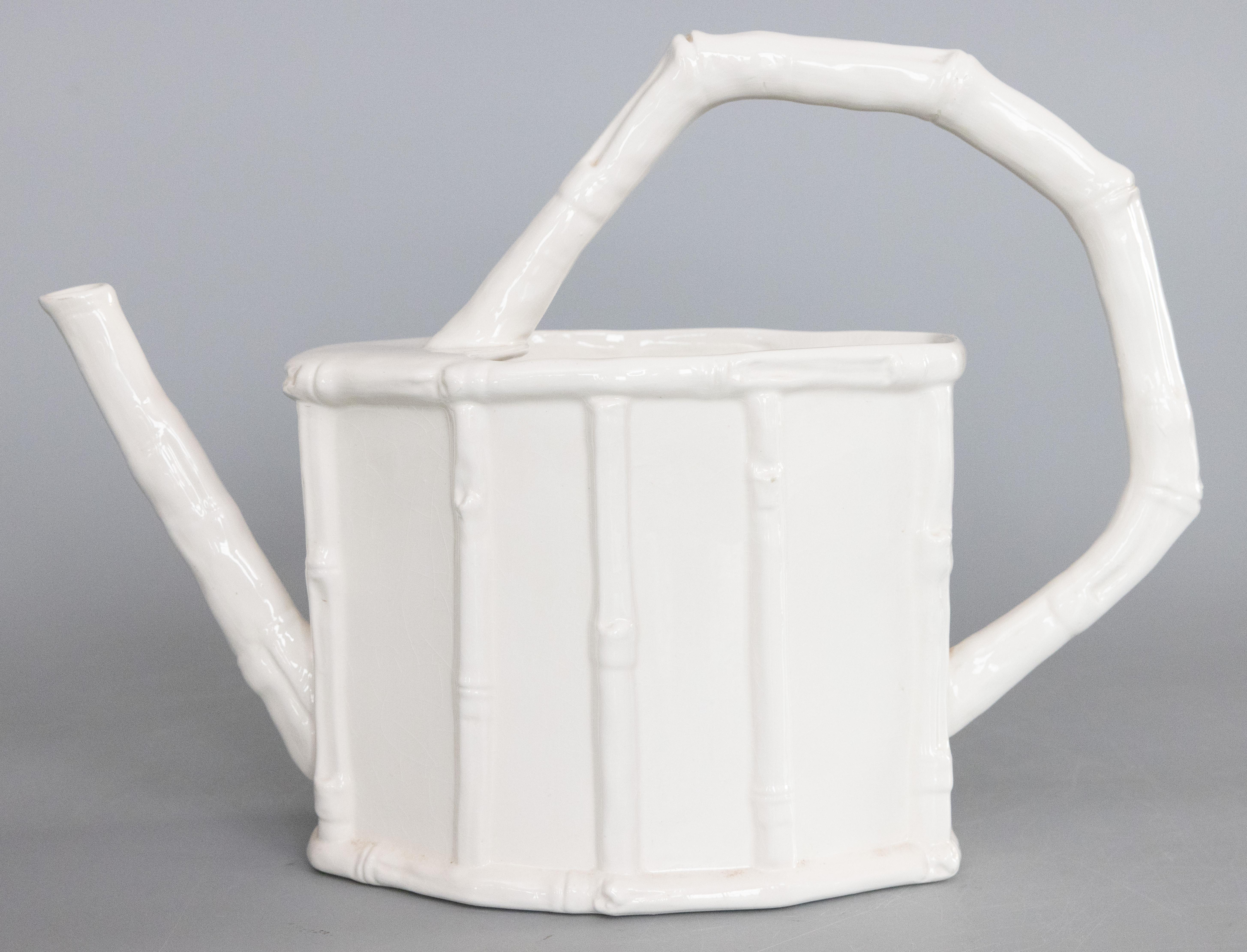 1950s French Chinoiserie White Ironstone Faux Bamboo Watering Can Pitcher For Sale 5