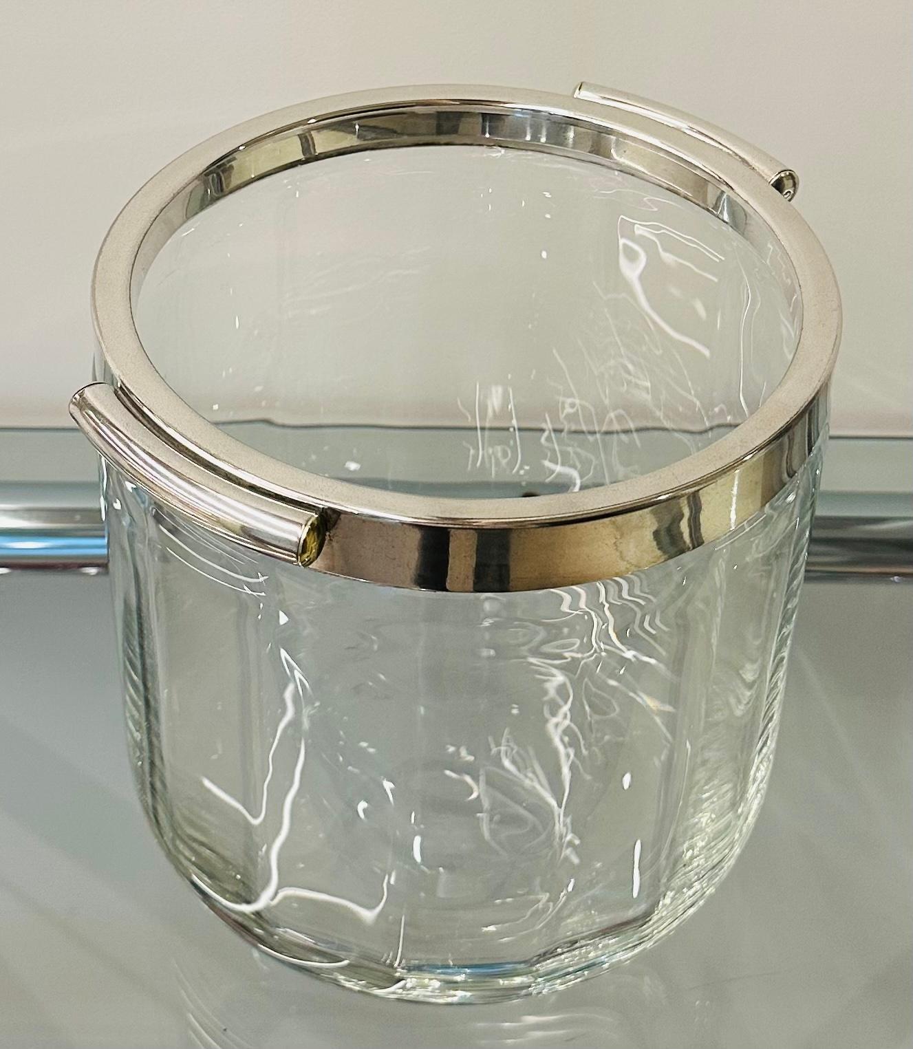 20th Century 1950s French Christofle Fleuron Collection Silver Plate and Crystal Ice Bucket For Sale