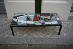 1950s French Coffee Table with Glazed Ceramic Top and Metal Frame