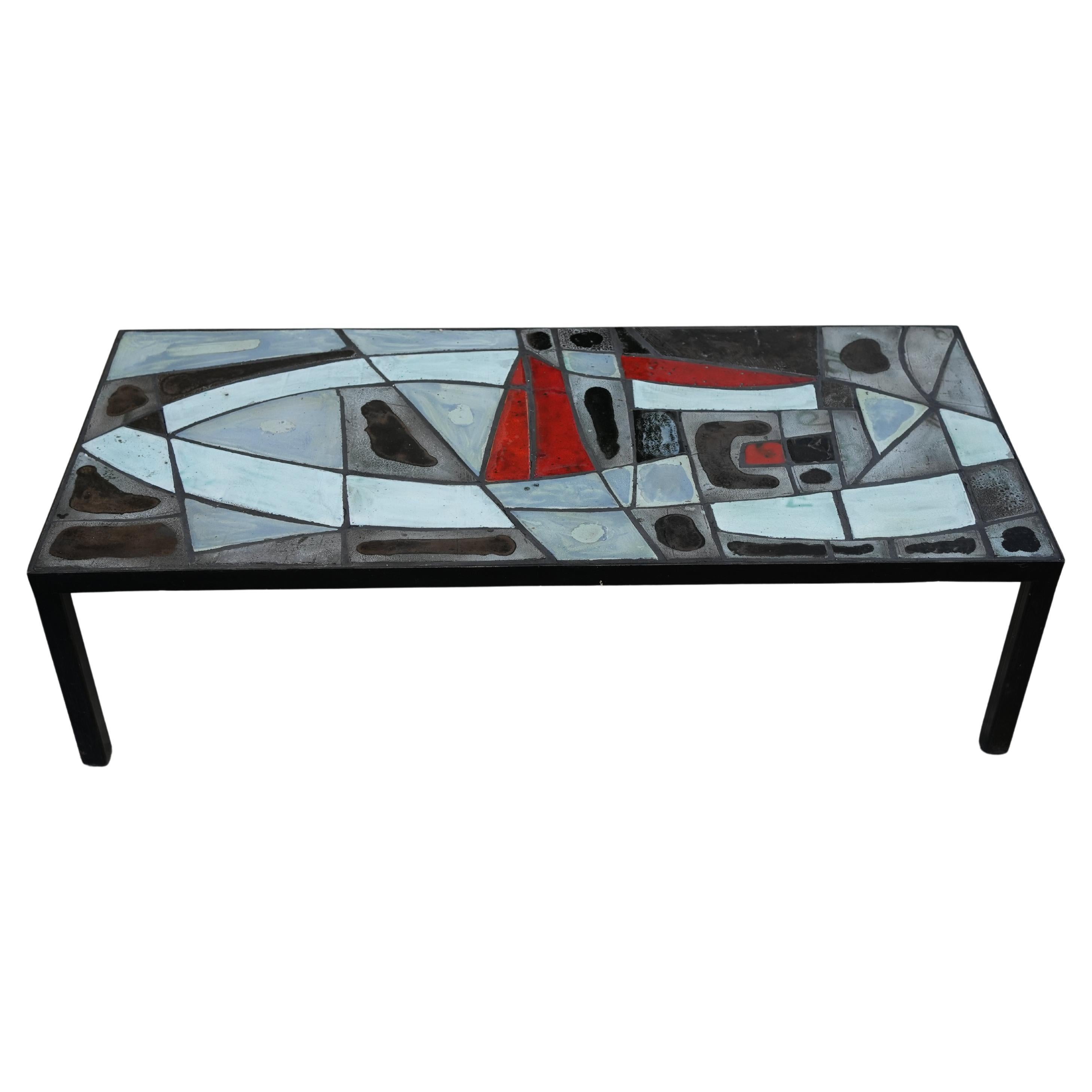1950s French Coffee Table with Glazed Ceramic Top and Metal Frame