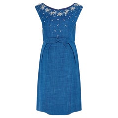 1950s French Couture Blue Linen Shift Dress with Faux Coral Adornments