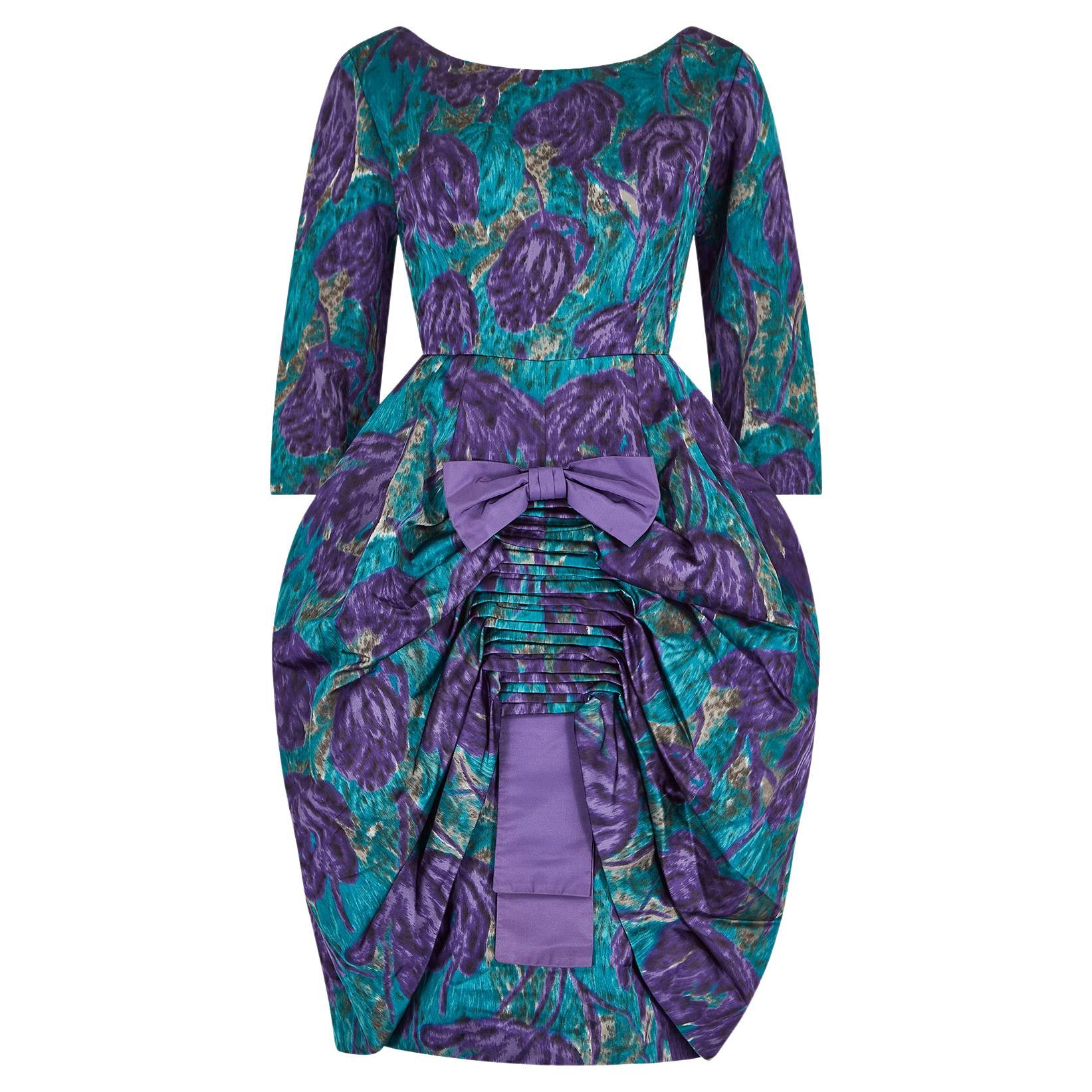 1950s French Couture Floral Silk Dress with Purple Bow