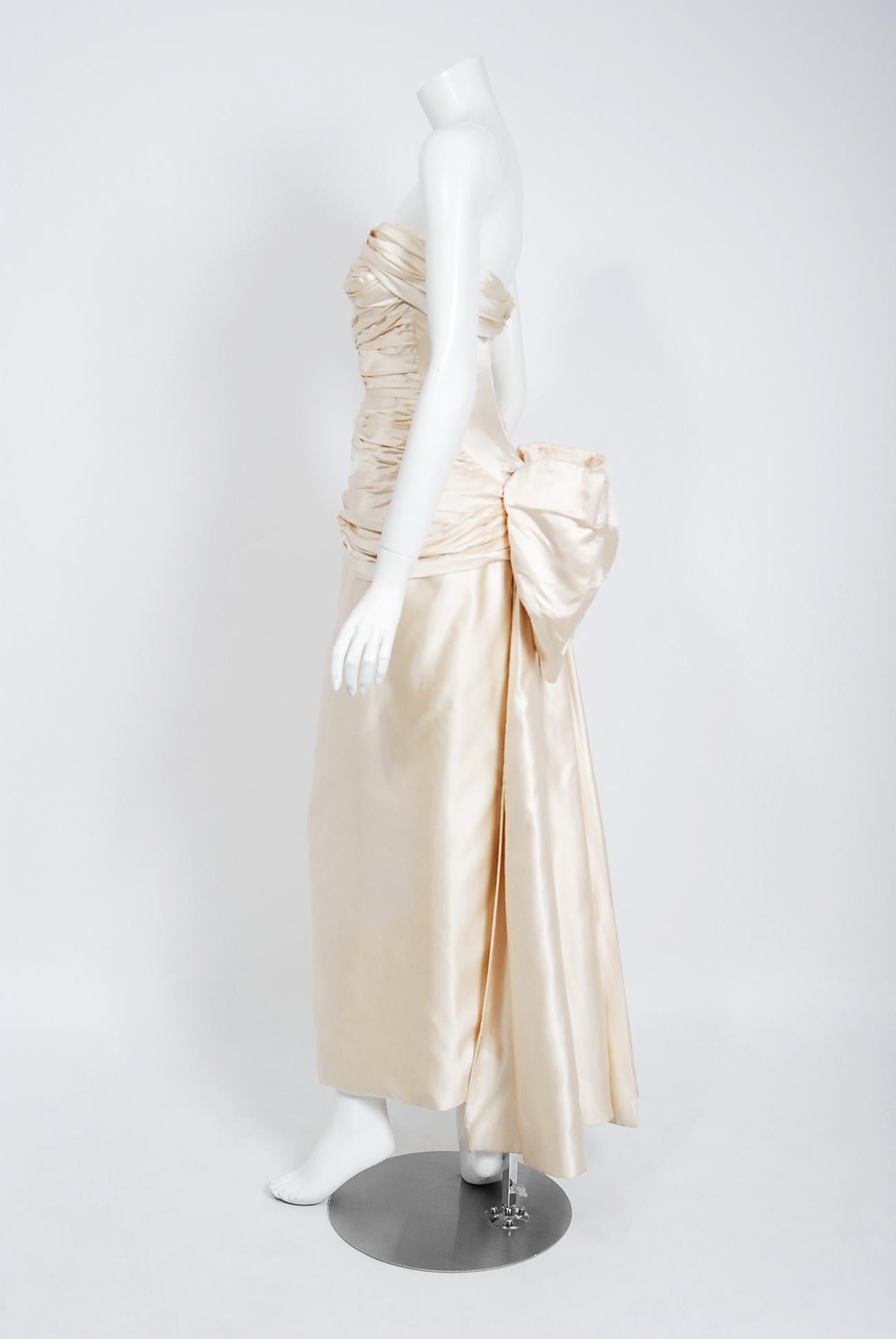 Beige Vintage 1950's French Couture Ivory Satin Ruched Strapless Hourglass Bridal Gown
