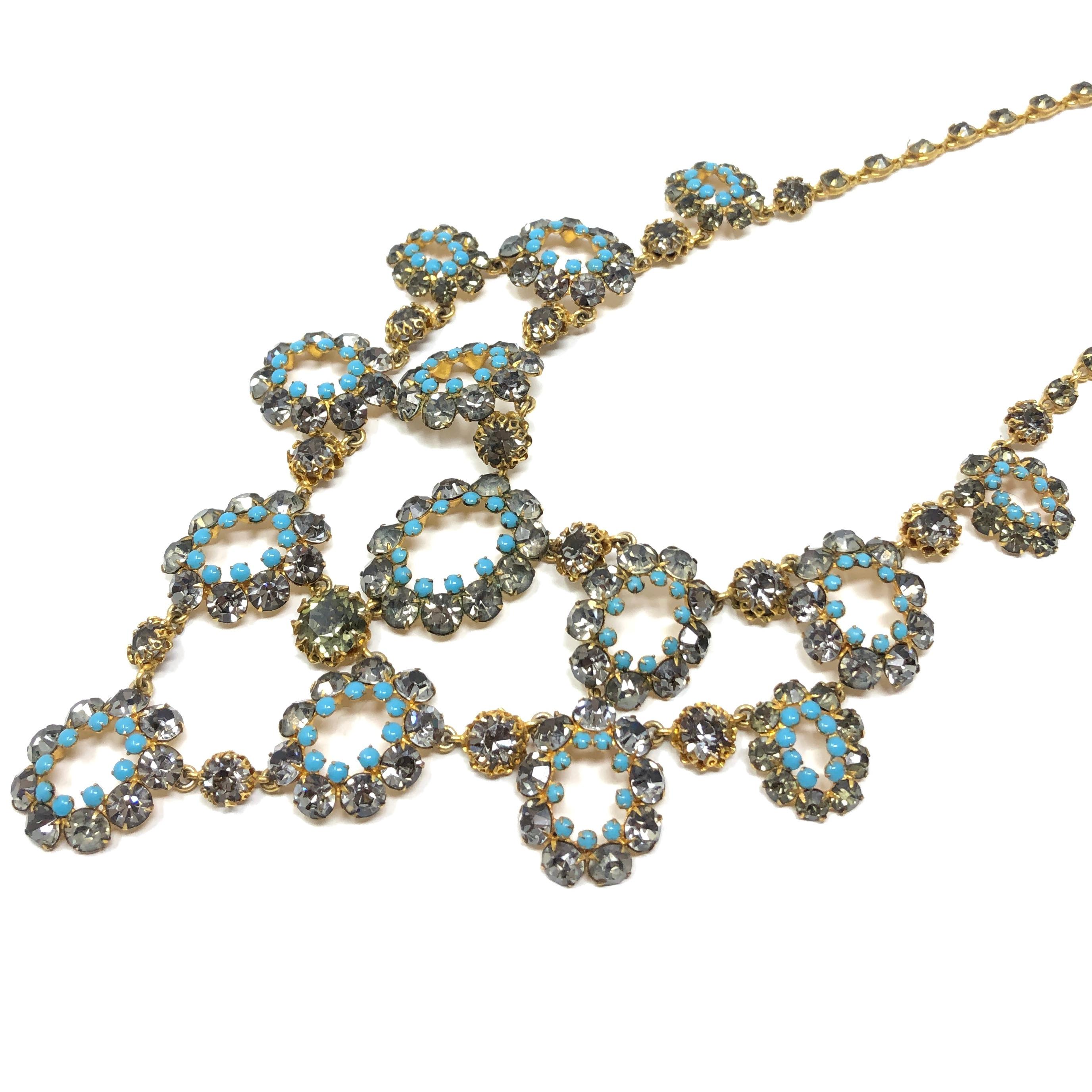 1950s French Couture Turquoise Glass and Grey Rhinestone Vintage Necklace and Ea 7