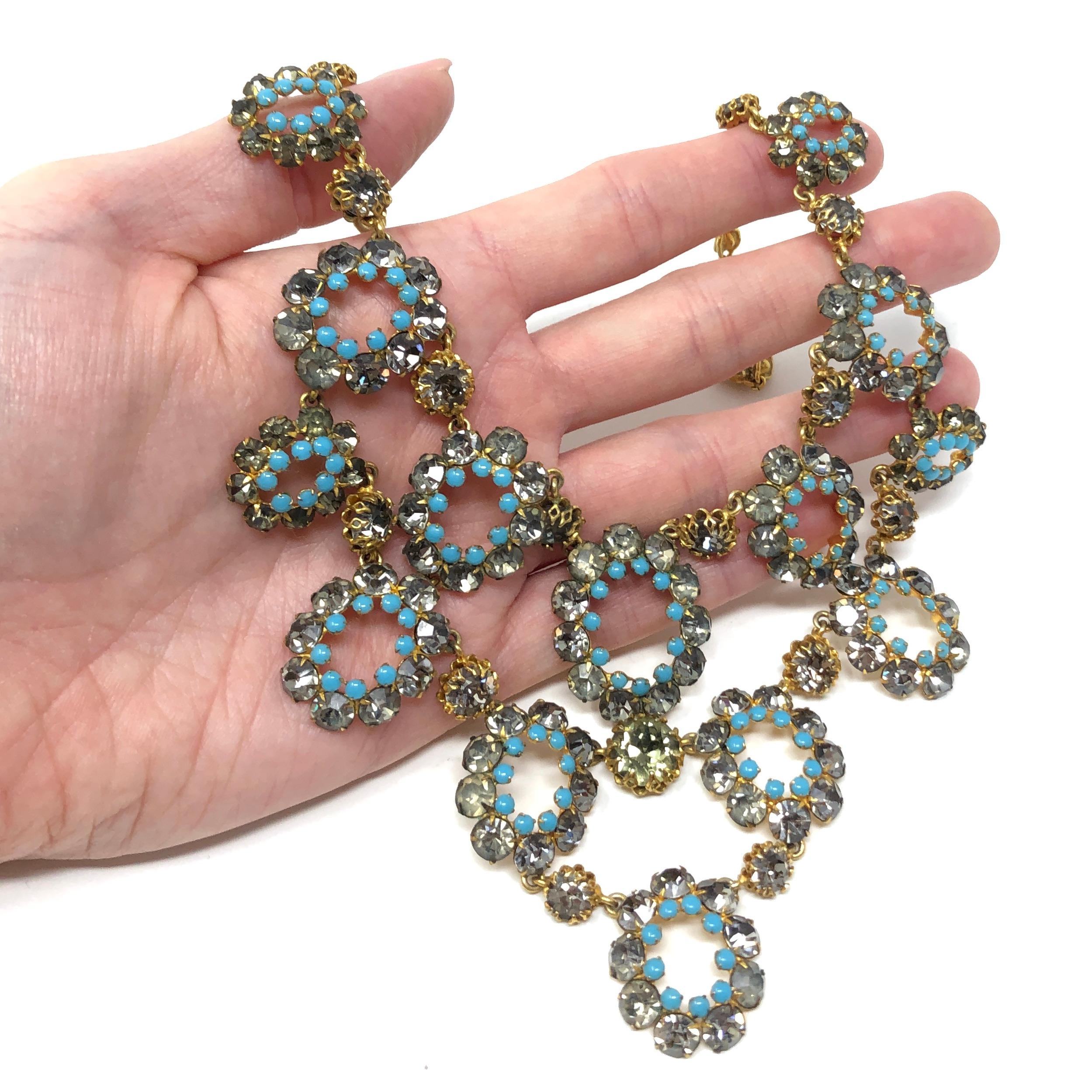 1950s French Couture Turquoise Glass and Grey Rhinestone Vintage Necklace and Ea 9