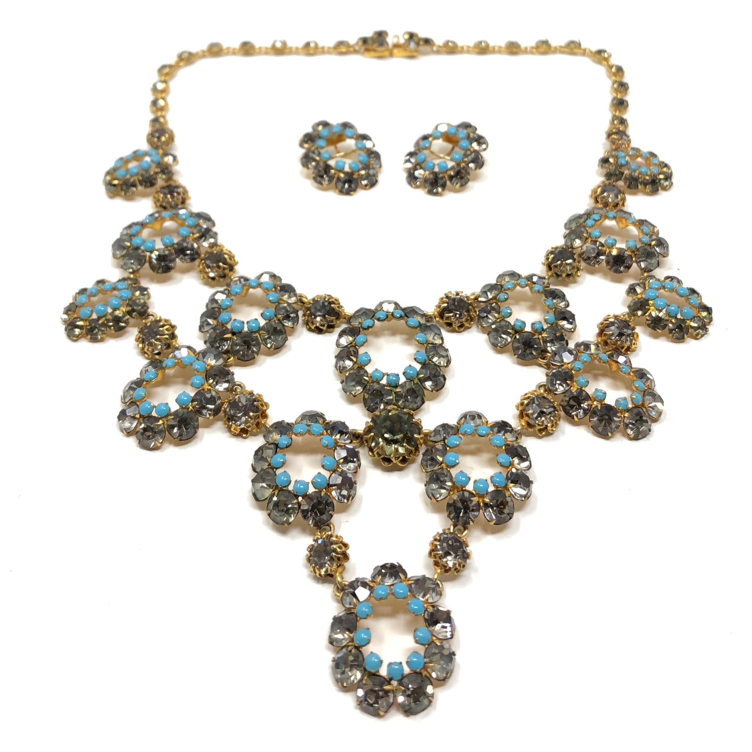 Women's 1950s French Couture Turquoise Glass and Grey Rhinestone Vintage Necklace and Ea