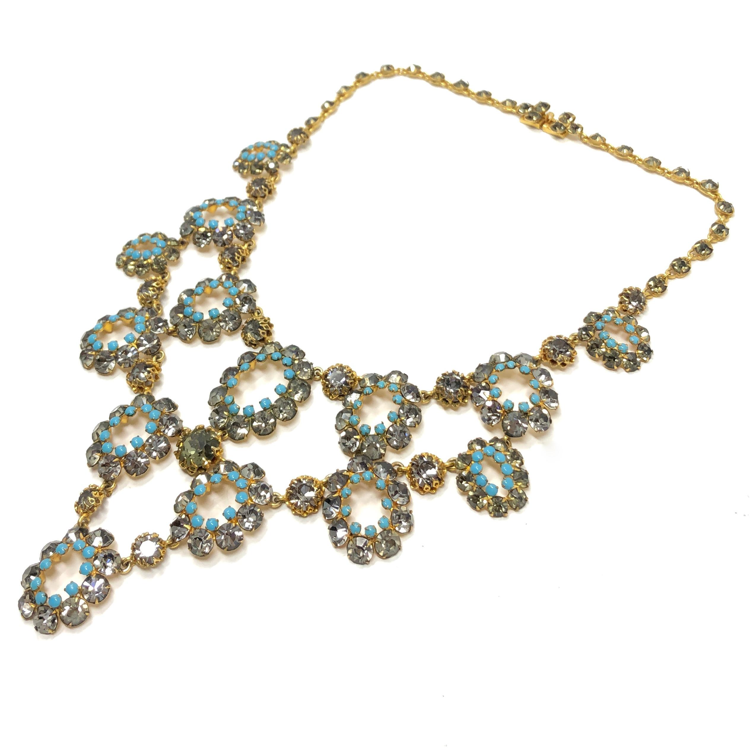 1950s French Couture Turquoise Glass and Grey Rhinestone Vintage Necklace and Ea 1