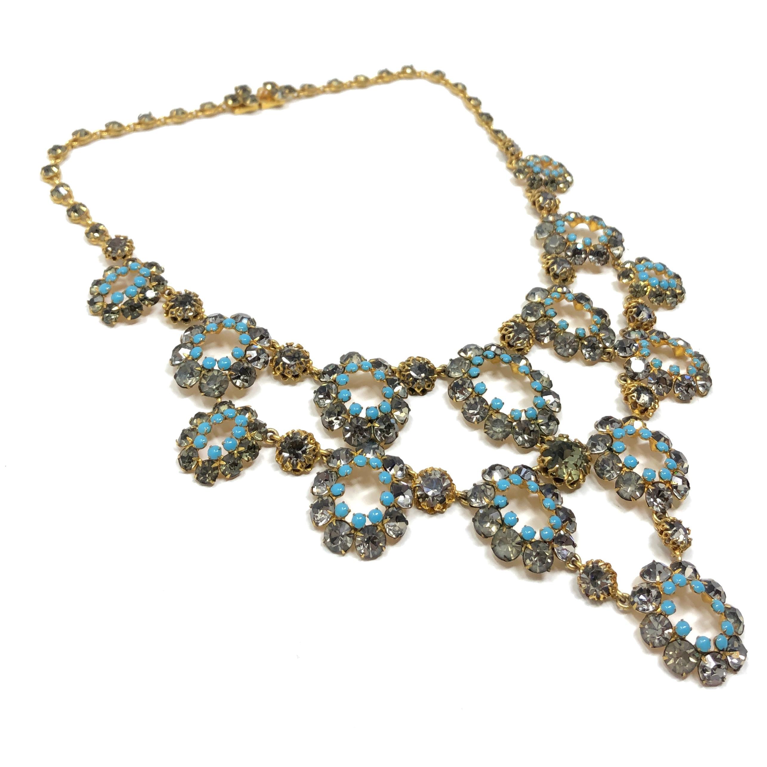 1950s French Couture Turquoise Glass and Grey Rhinestone Vintage Necklace and Ea 2