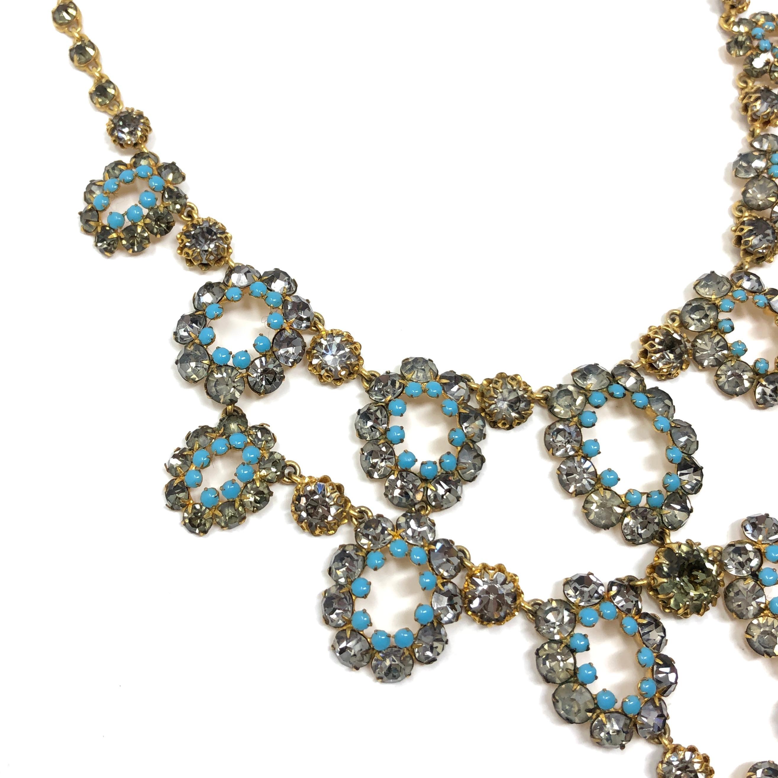 1950s French Couture Turquoise Glass and Grey Rhinestone Vintage Necklace and Ea 3
