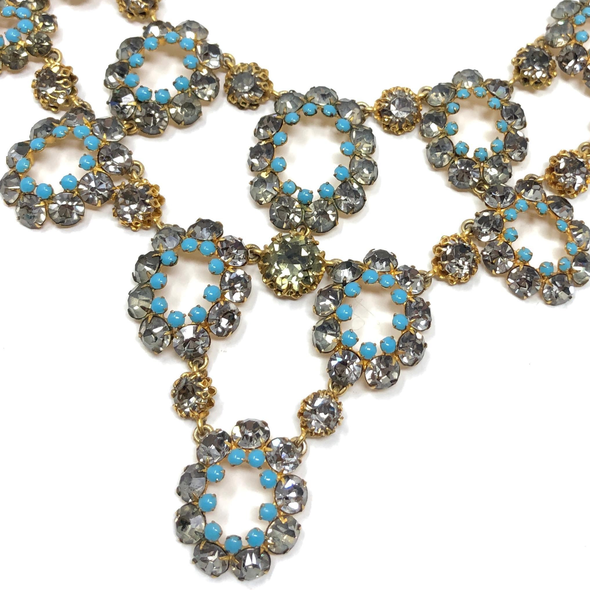 1950s French Couture Turquoise Glass and Grey Rhinestone Vintage Necklace and Ea 4