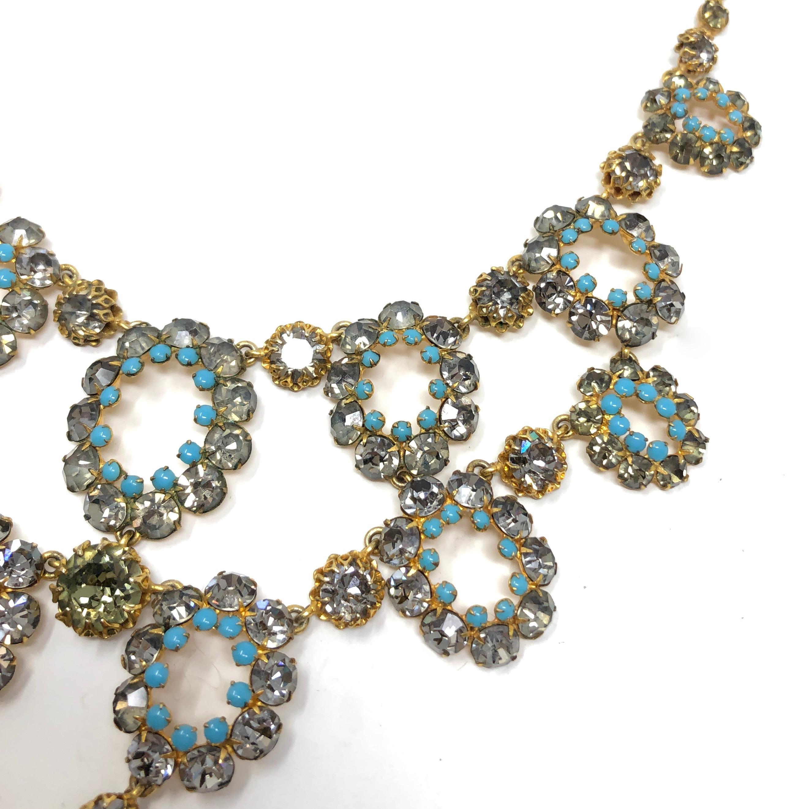 1950s French Couture Turquoise Glass and Grey Rhinestone Vintage Necklace and Ea 5