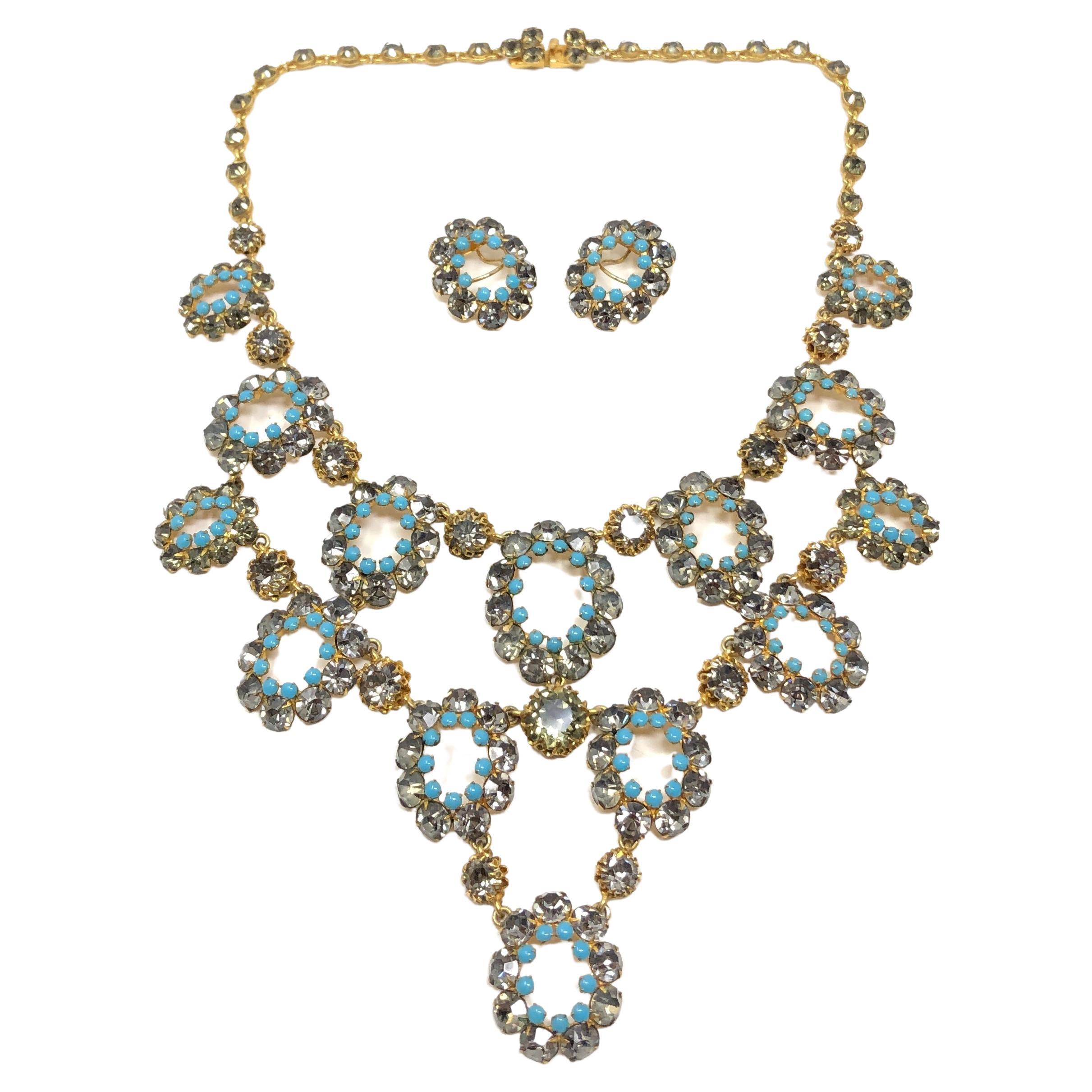 1950s French Couture Turquoise Glass and Grey Rhinestone Vintage Necklace and Ea