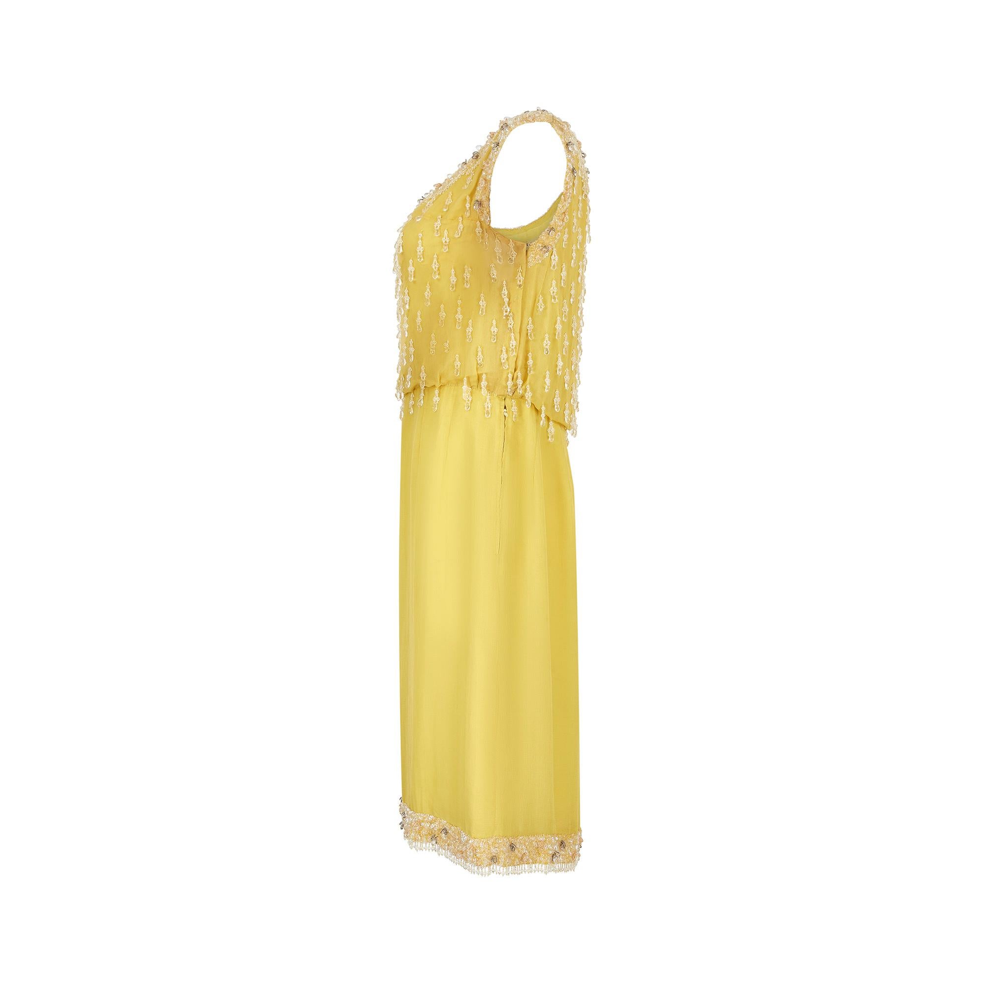 1950s French Couture Yellow Silk Chiffon Sequin Beaded Dress In Excellent Condition For Sale In London, GB
