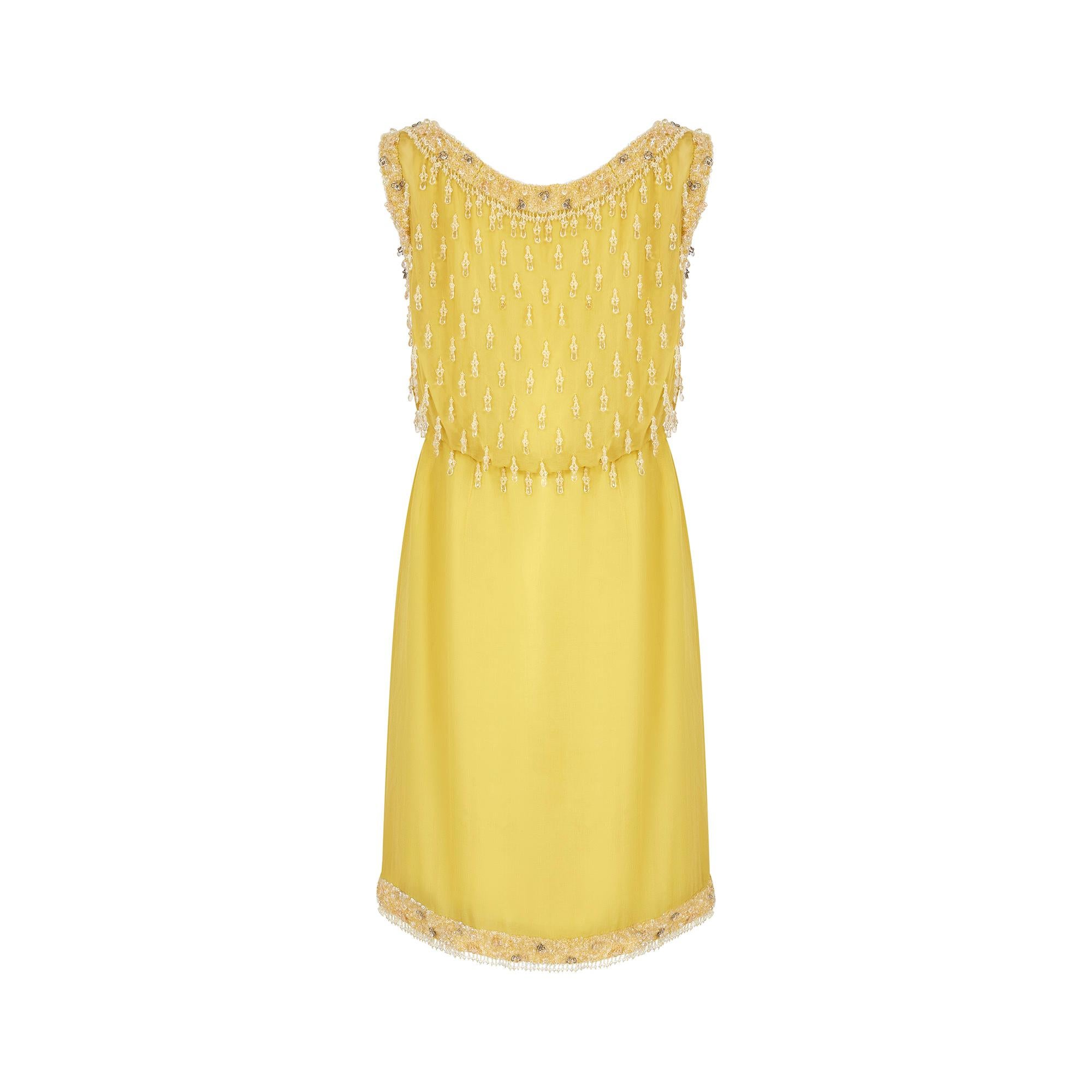 1950er Jahre Französische Couture Gelbes Seiden-Chiffon-Kleid mit Pailletten und Perlen Damen im Angebot
