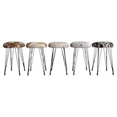 1950's French Cowhide Stools on Metal Tripod Legs