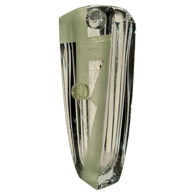 1950’s French Crystal Vase By Anatole Riecke Transparent And Green For Sale