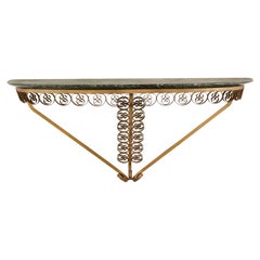 1950s French decorative Brass wall mounted console with green marble top