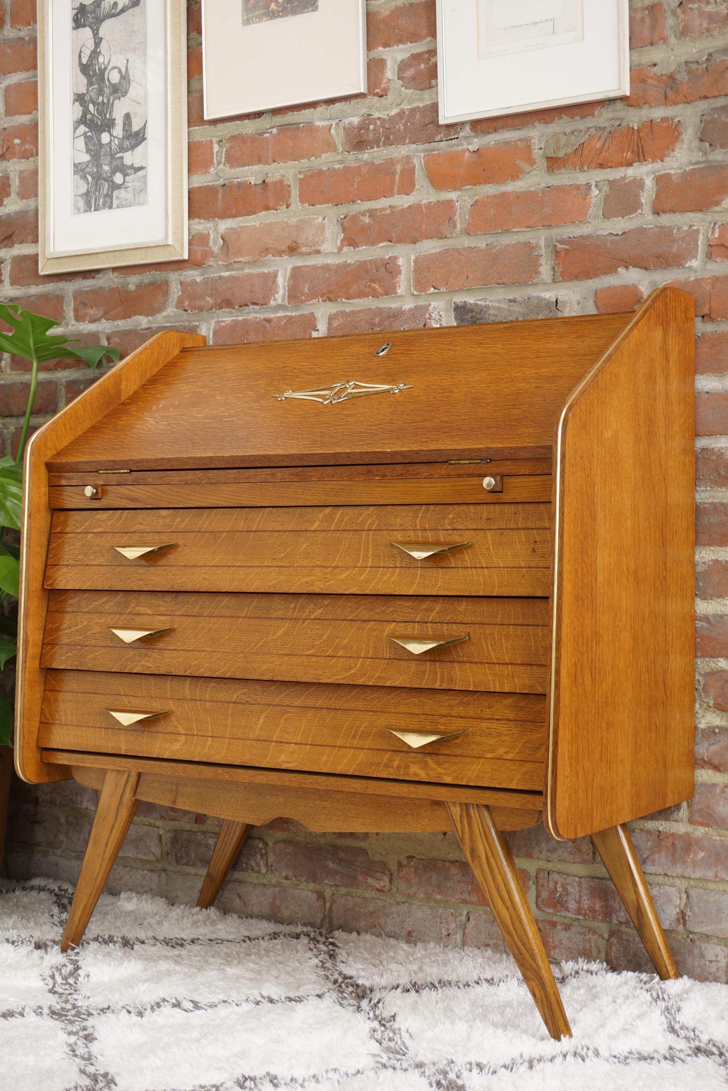 1950s French Design Oak Wooden Chest of Drawers / Secretary with Brass Finish 7