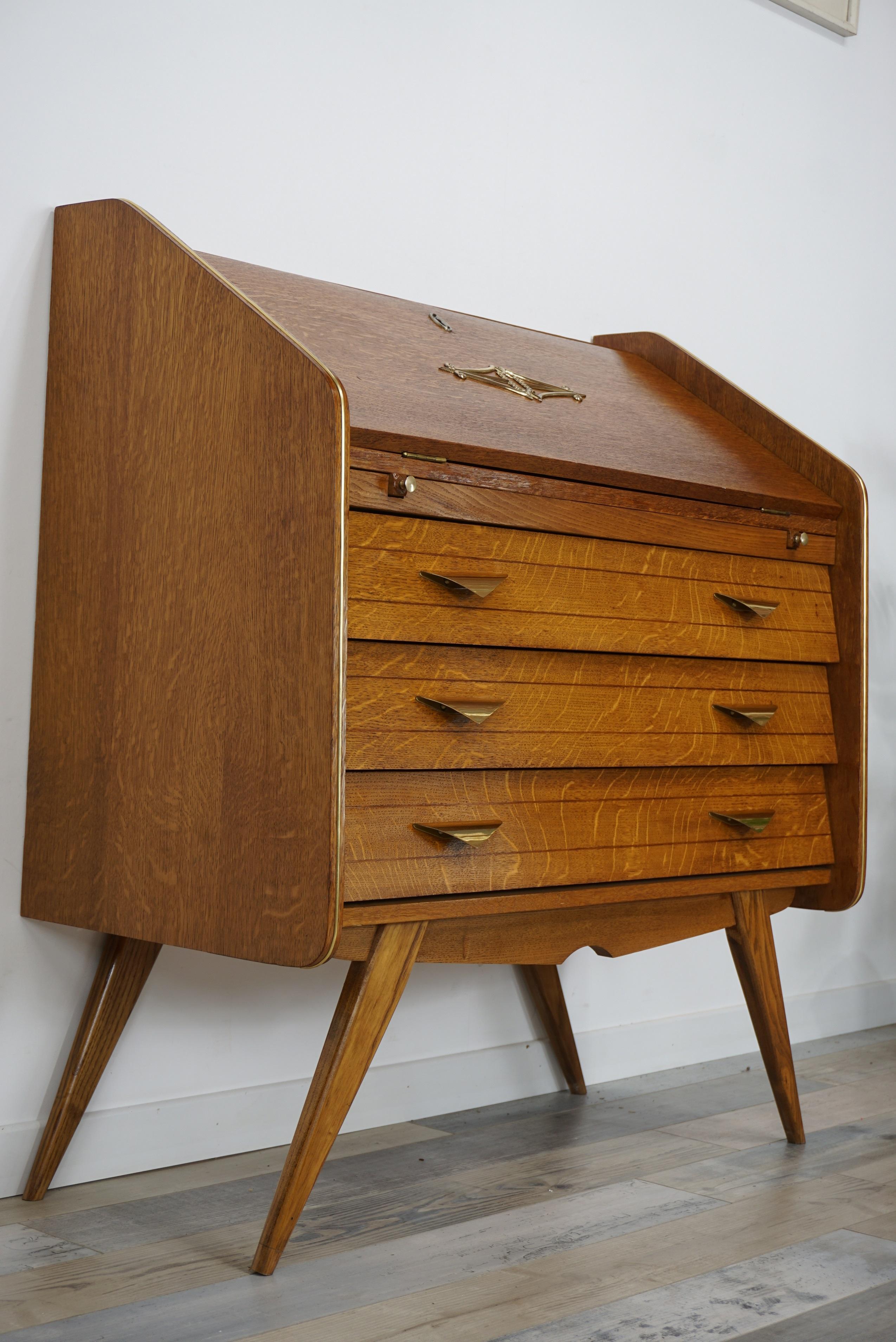 1950s French Design Oak Wooden Chest of Drawers / Secretary with Brass Finish 8