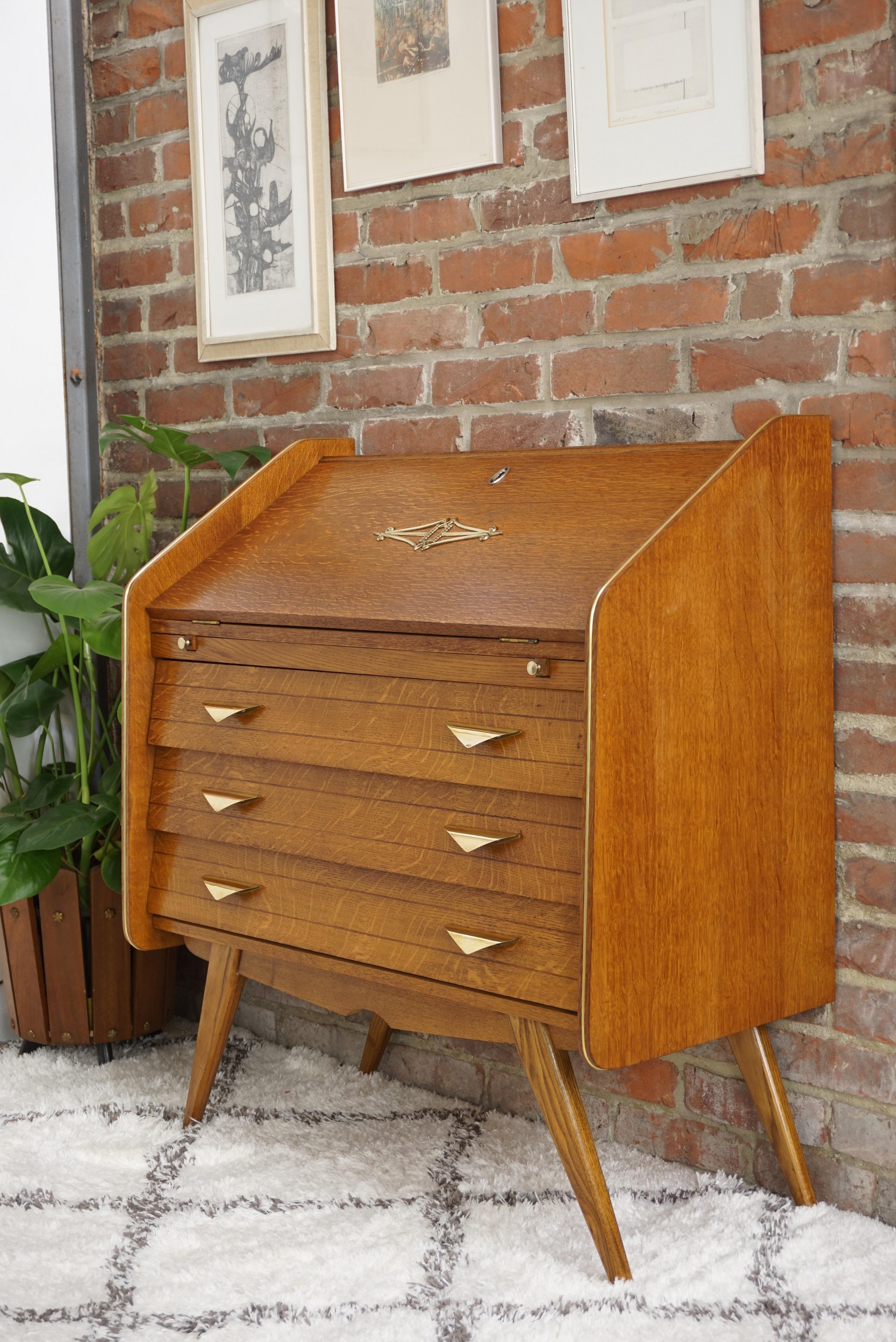 1950s French Design Oak Wooden Chest of Drawers / Secretary with Brass Finish 9